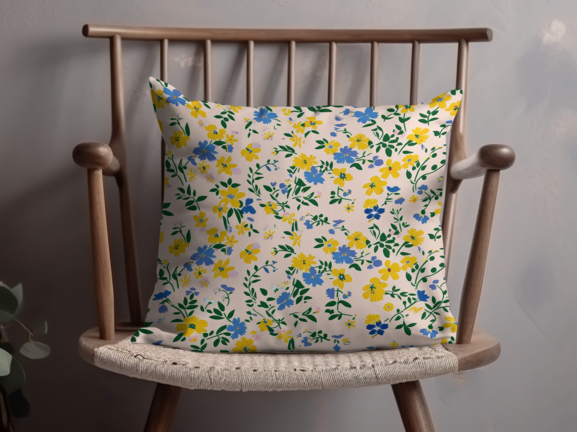 Vibrant Yellow and Blue Floral Decorative Pillow