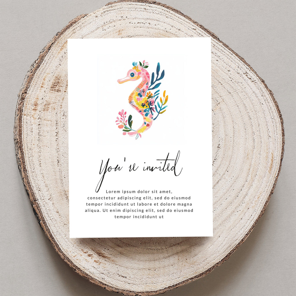 Invitation card with watercolor seahorse and floral border, text reads "You're invited".