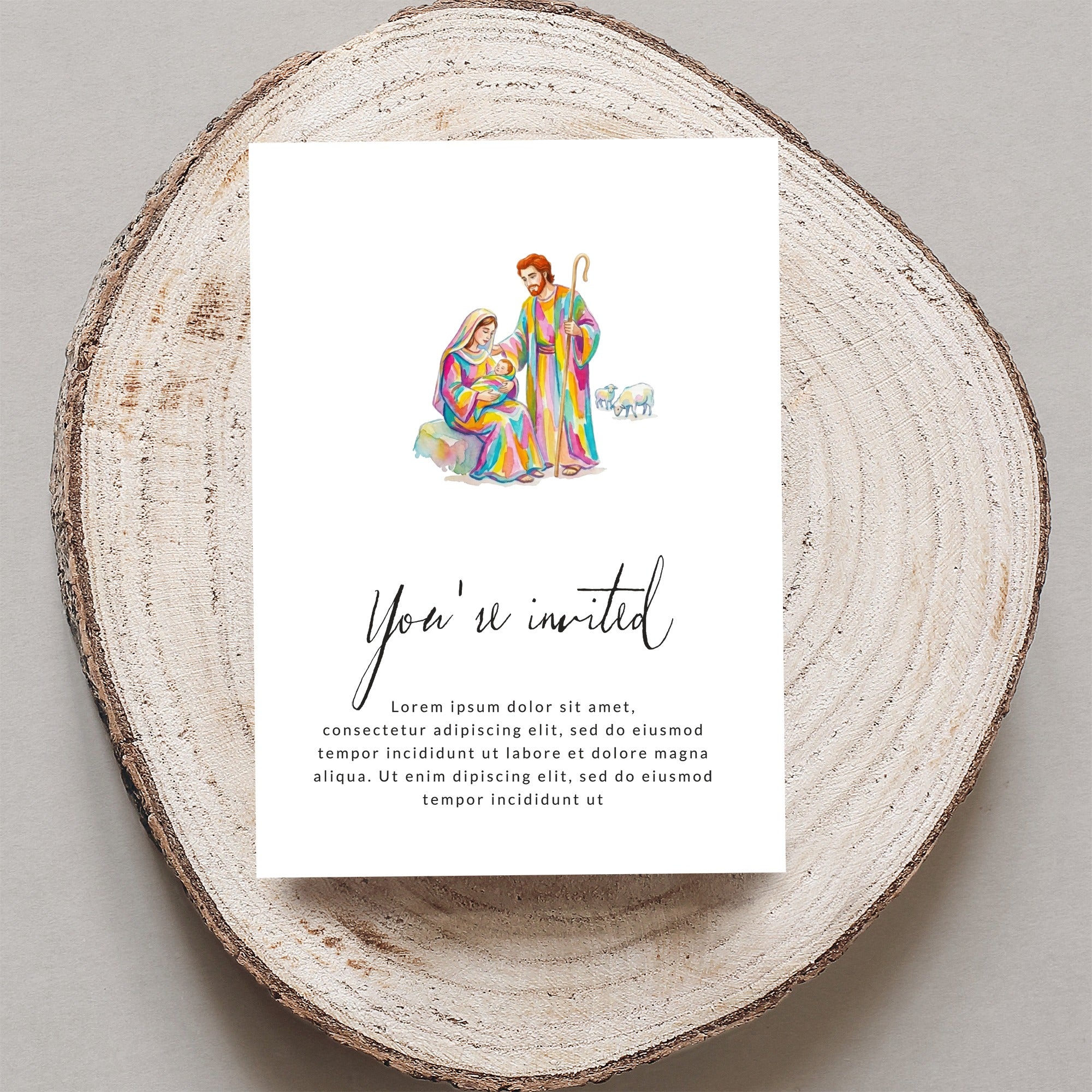 Invitation with nativity scene illustration and placeholder text.