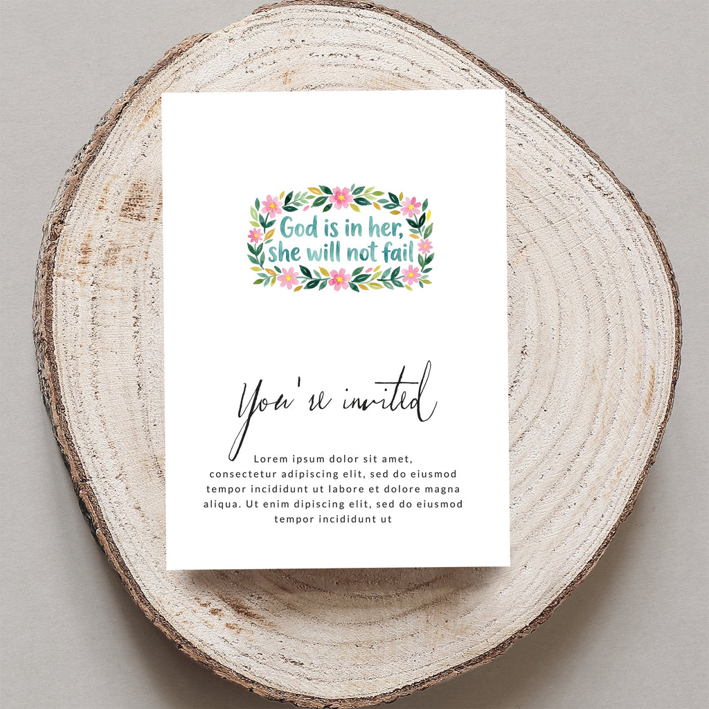 Invitation card with floral wreath and "God is in her, she will not fail" text.