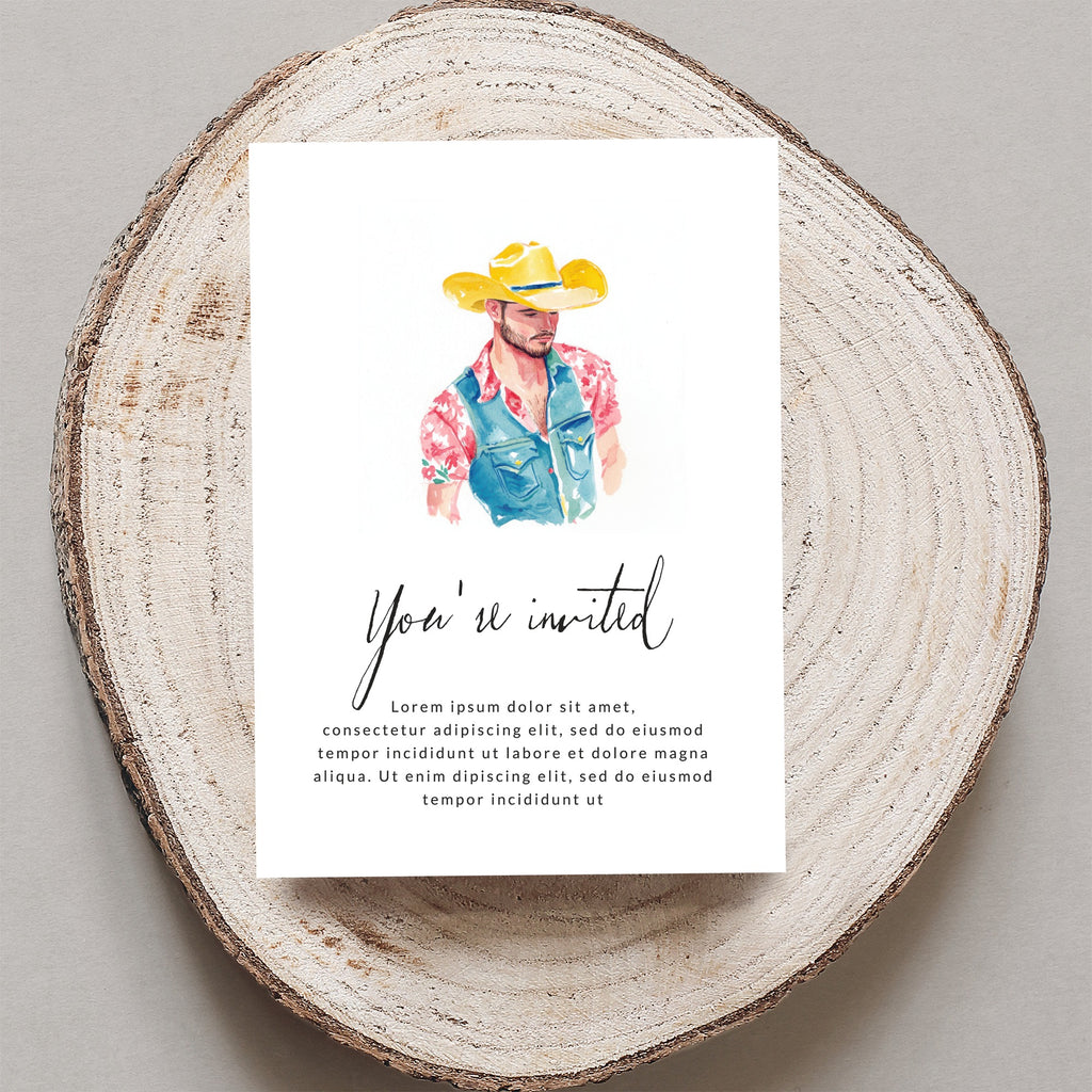 Watercolor illustration of a cowboy on an invitation card.