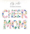 "CHEER MOM" in floral watercolor letters with "Clip Art by Moore & Mountain" text.
