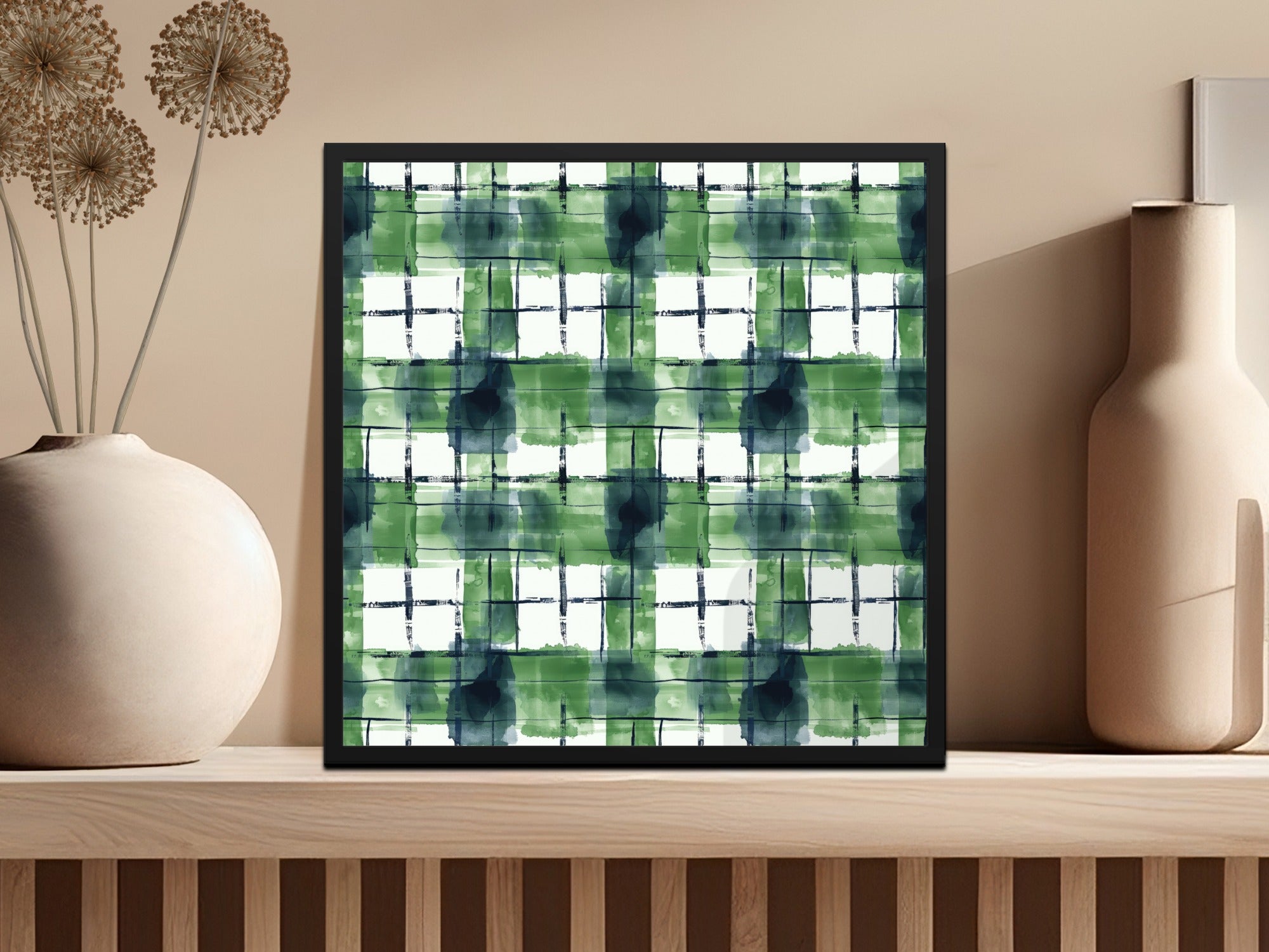 Abstract Green and Blue Plaid Wall Art Print