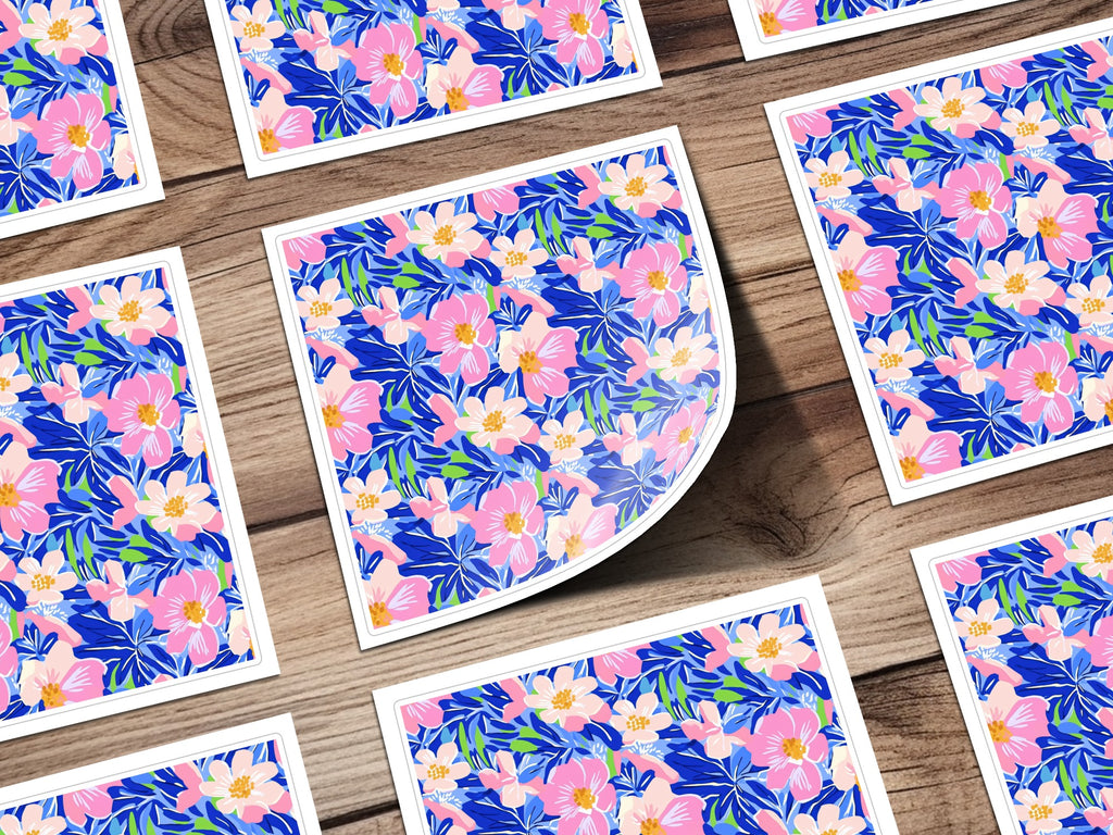 Vibrant Tropical Floral Seamless Pattern Digital Download, Preppy Bright Flower Repeat Pattern, Summer Blues Pink Green Digital Paper