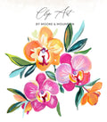 Watercolor clip art of vibrant pink and orange orchids with green leaves.