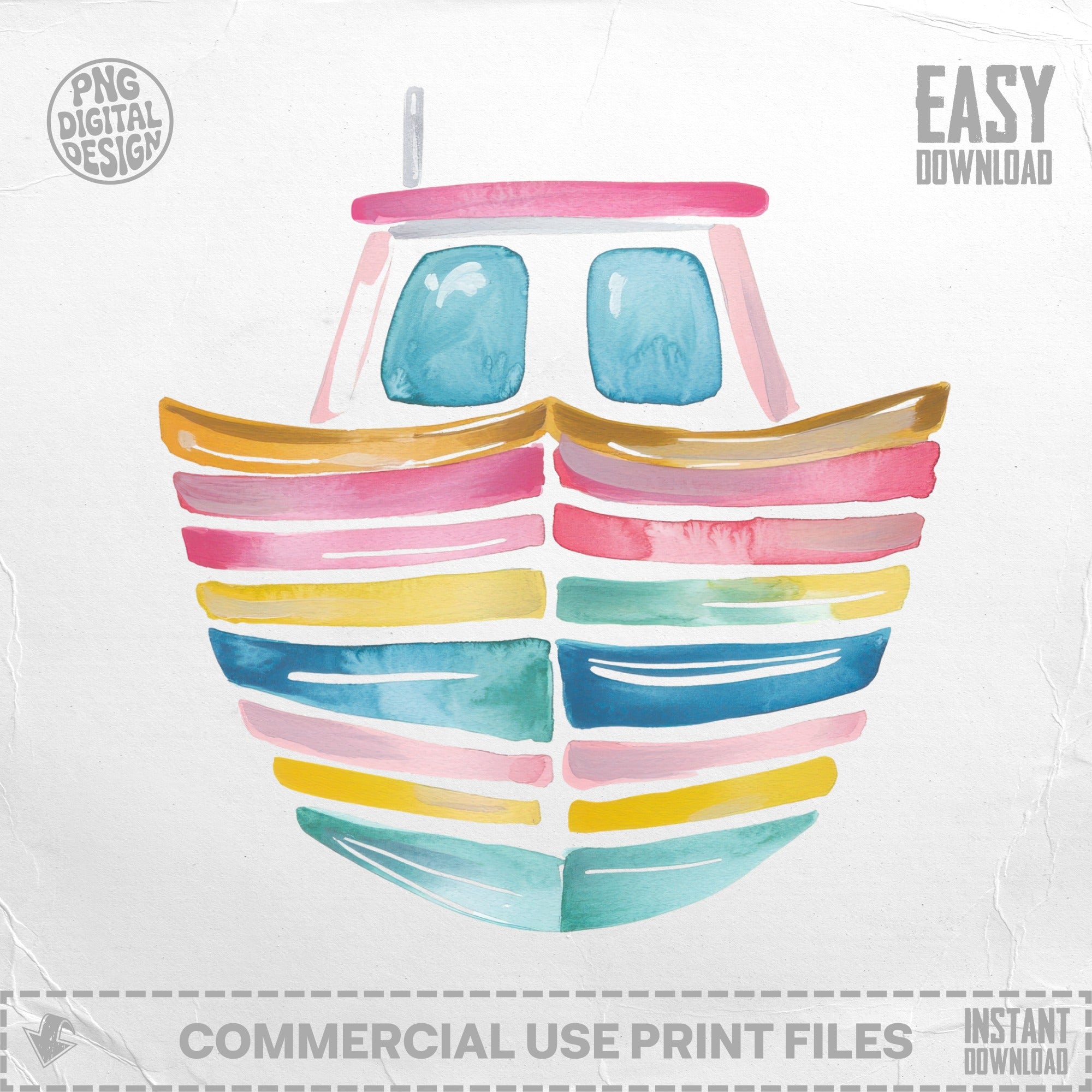 Watercolor illustration of a colorful rowboat with two windows.