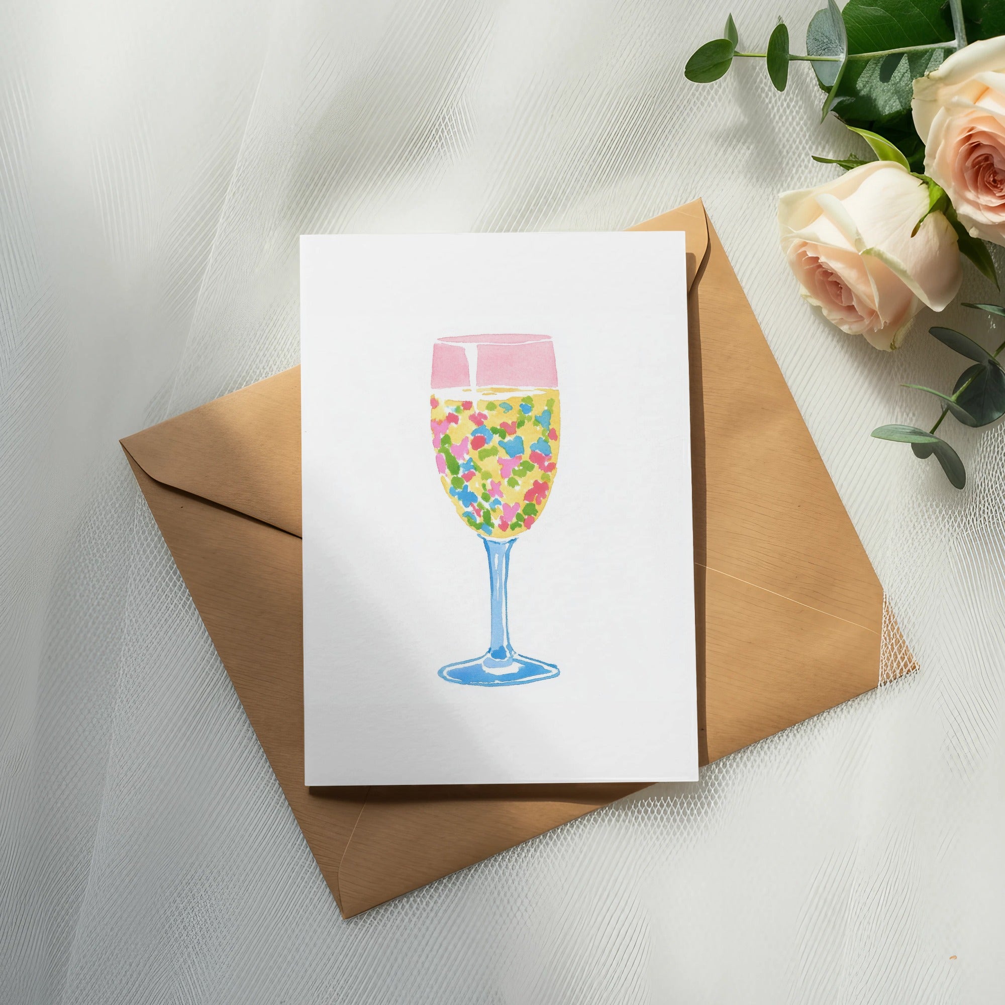 Card featuring a watercolor illustration of a champagne glass filled with colorful confetti.
