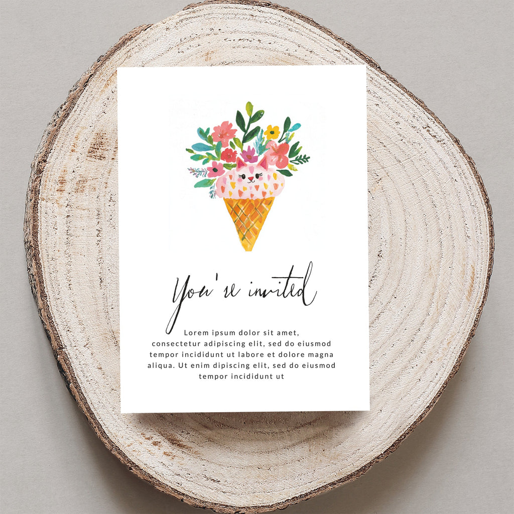 Invitation with floral ice cream cone and "You're invited" text.