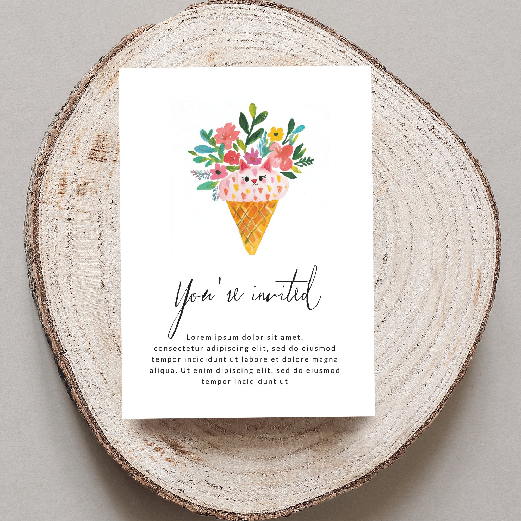 Invitation with floral ice cream cone and "You're invited" text.