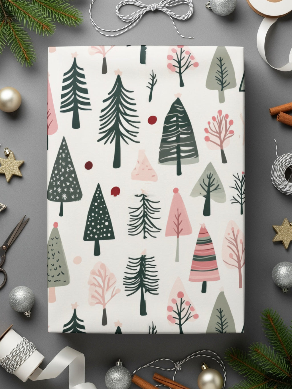 Festive Trees and Pink Winter Forest Wrapping Paper