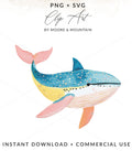 Watercolor illustration of a blue and yellow whale with pink fins.