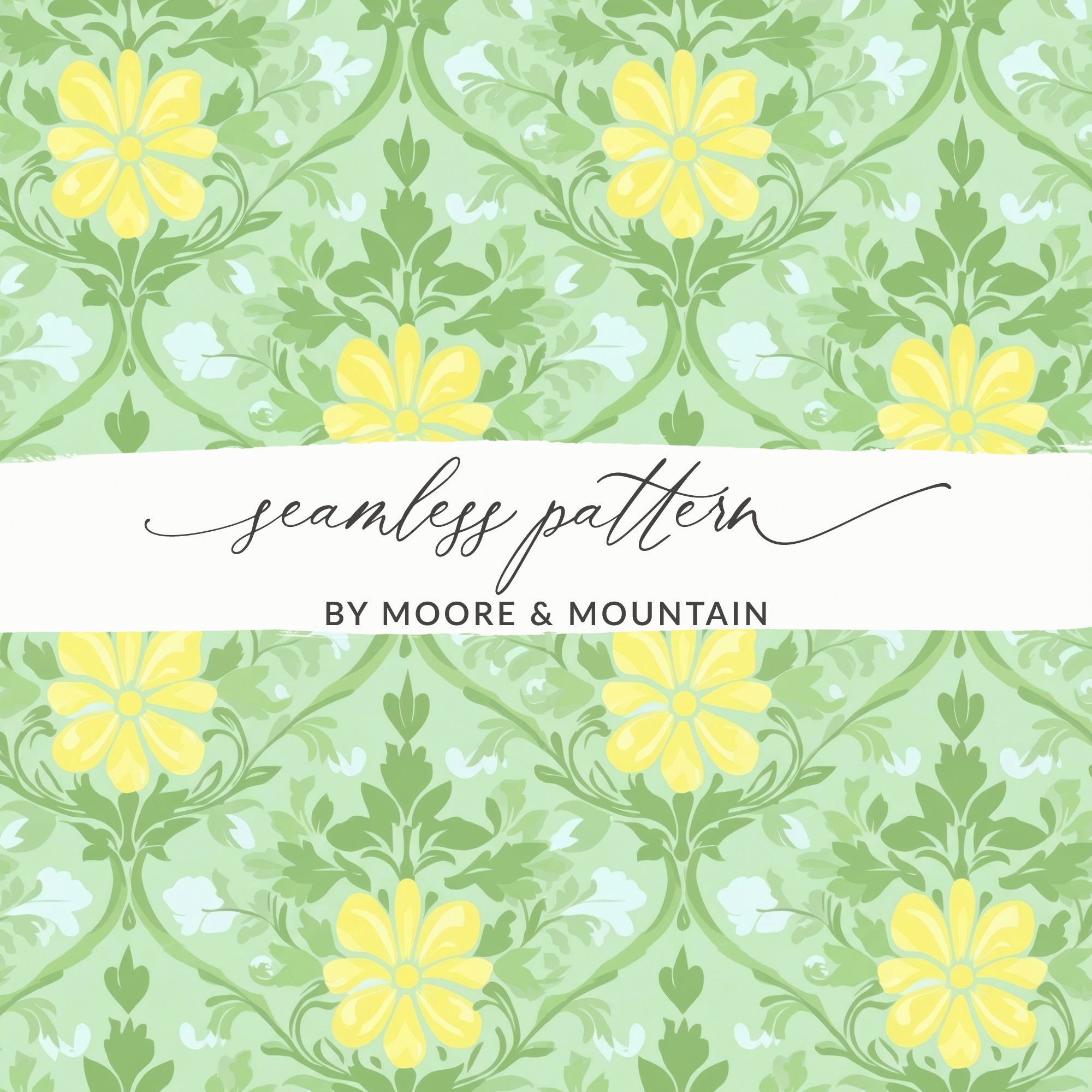 Seamless pattern with yellow flowers and green leaves on a pale green background.