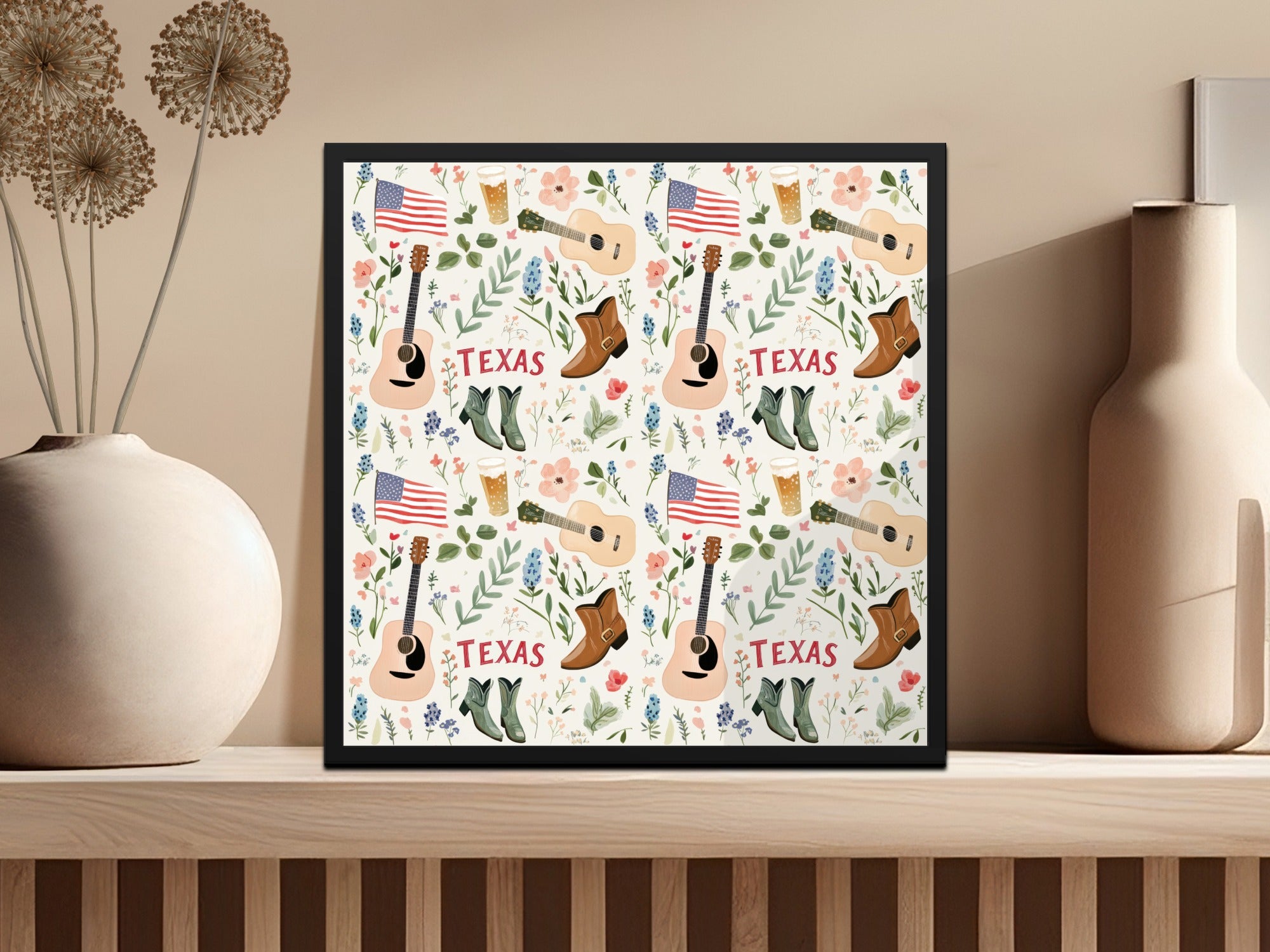Texas Themed Floral and Guitar Wall Art Print