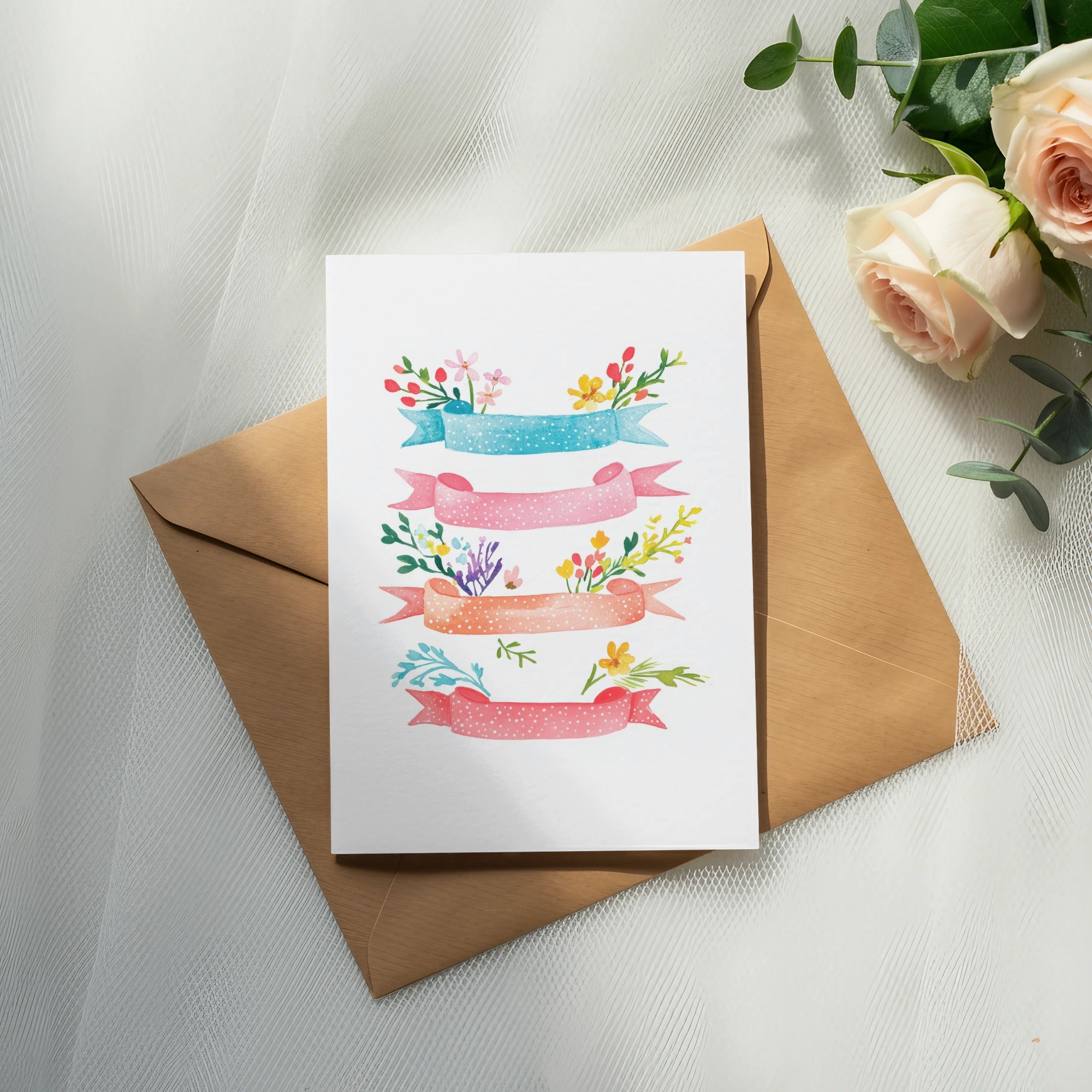 Card with watercolor banners and floral accents on an envelope.