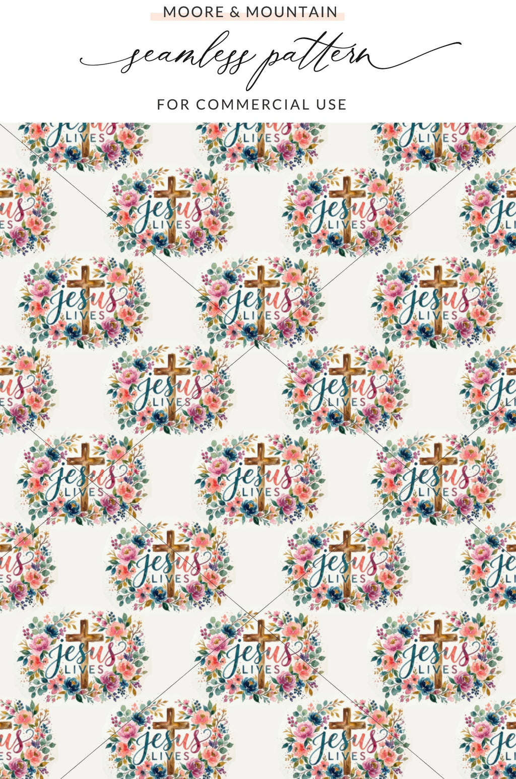 Jesus Lives Cross Floral Wreath Christian Seamless Pattern product type
Jesus Lives, Christian, Faith, Religious, Easter, Cross, Floral, Wreath, Watercolor, Seamless Pattern, Digital Paper, Scrapbooking, Fabric Print, Inspirational, Holy Week, Scripture, Spring Flowers, Resurrection, Divine Love, Hope Design