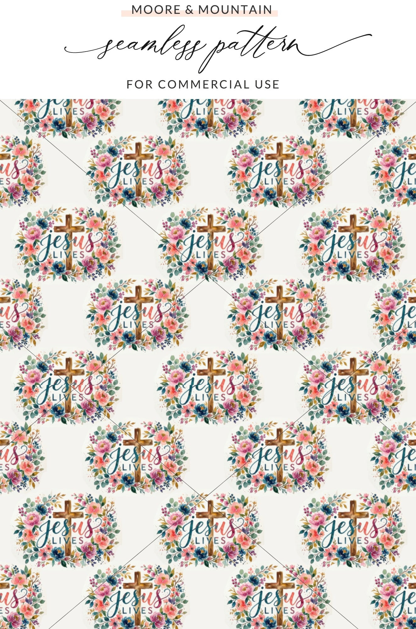 Jesus Lives Cross Floral Wreath Christian Seamless Pattern product type
Jesus Lives, Christian, Faith, Religious, Easter, Cross, Floral, Wreath, Watercolor, Seamless Pattern, Digital Paper, Scrapbooking, Fabric Print, Inspirational, Holy Week, Scripture, Spring Flowers, Resurrection, Divine Love, Hope Design