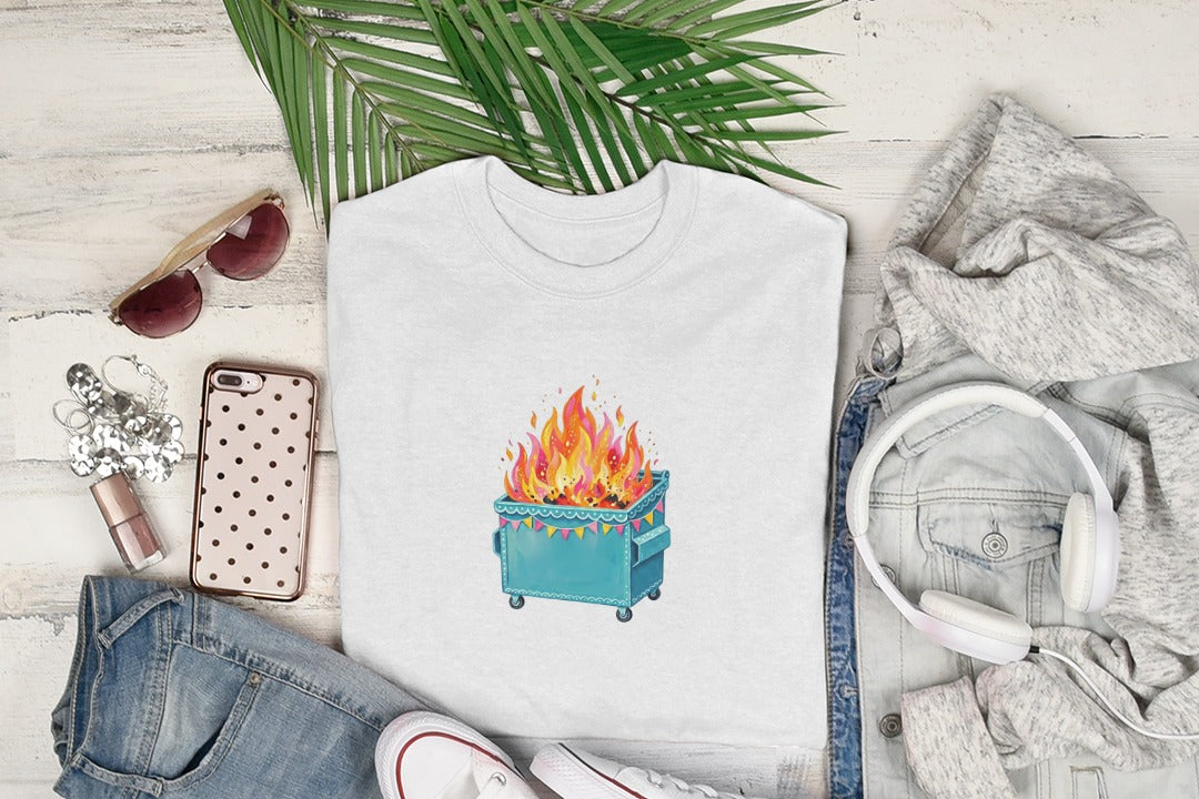 White t-shirt featuring a cartoon dumpster fire design.