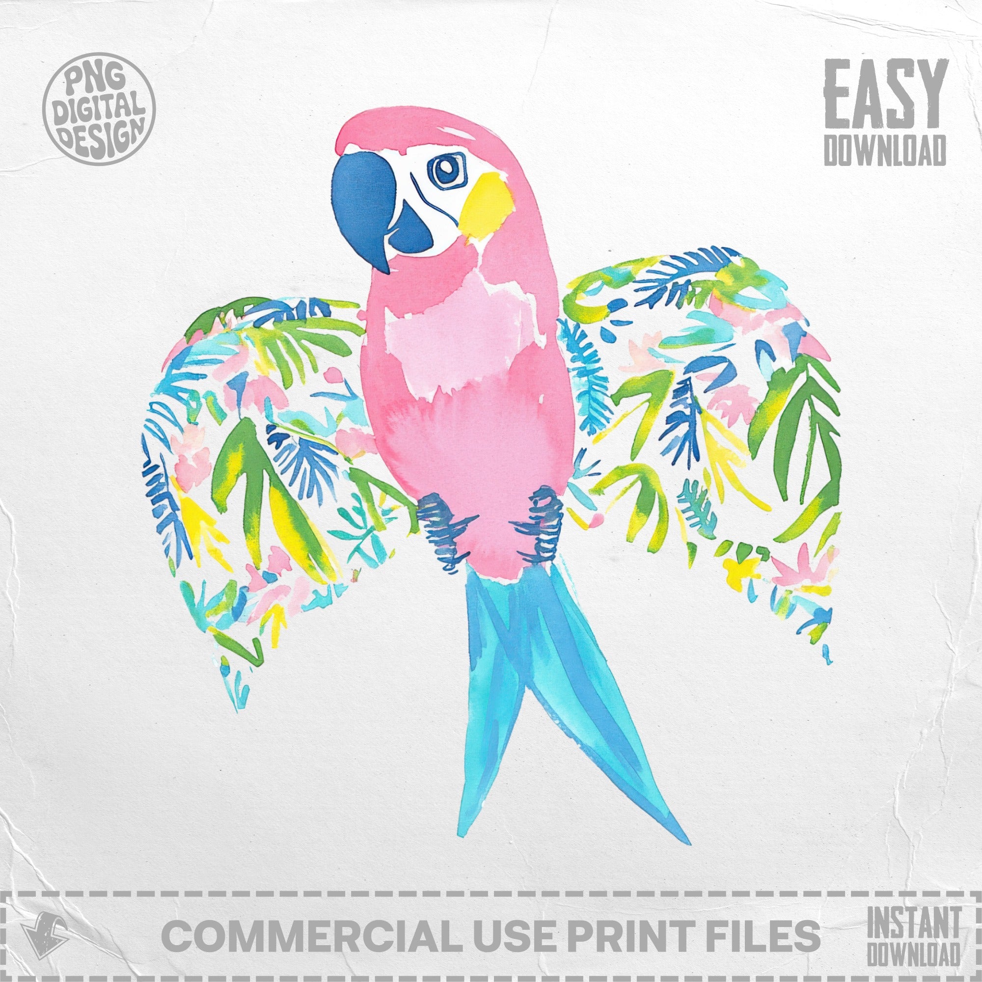 Pink and blue watercolor parrot with floral wings.