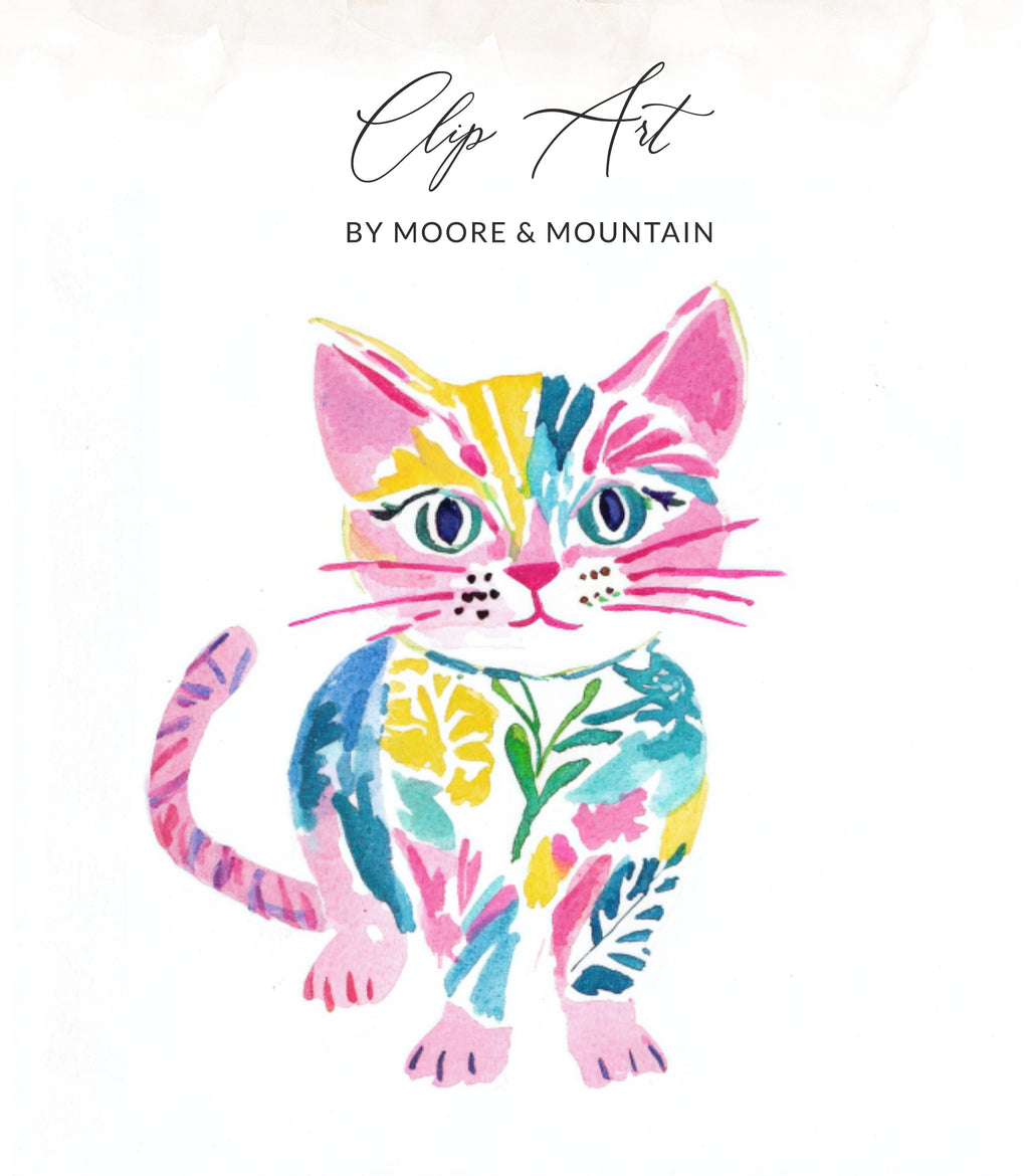 Watercolor clip art of a colorful cat with floral accents, "Clip Art" title.