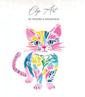 Watercolor clip art of a colorful cat with floral accents, "Clip Art" title.