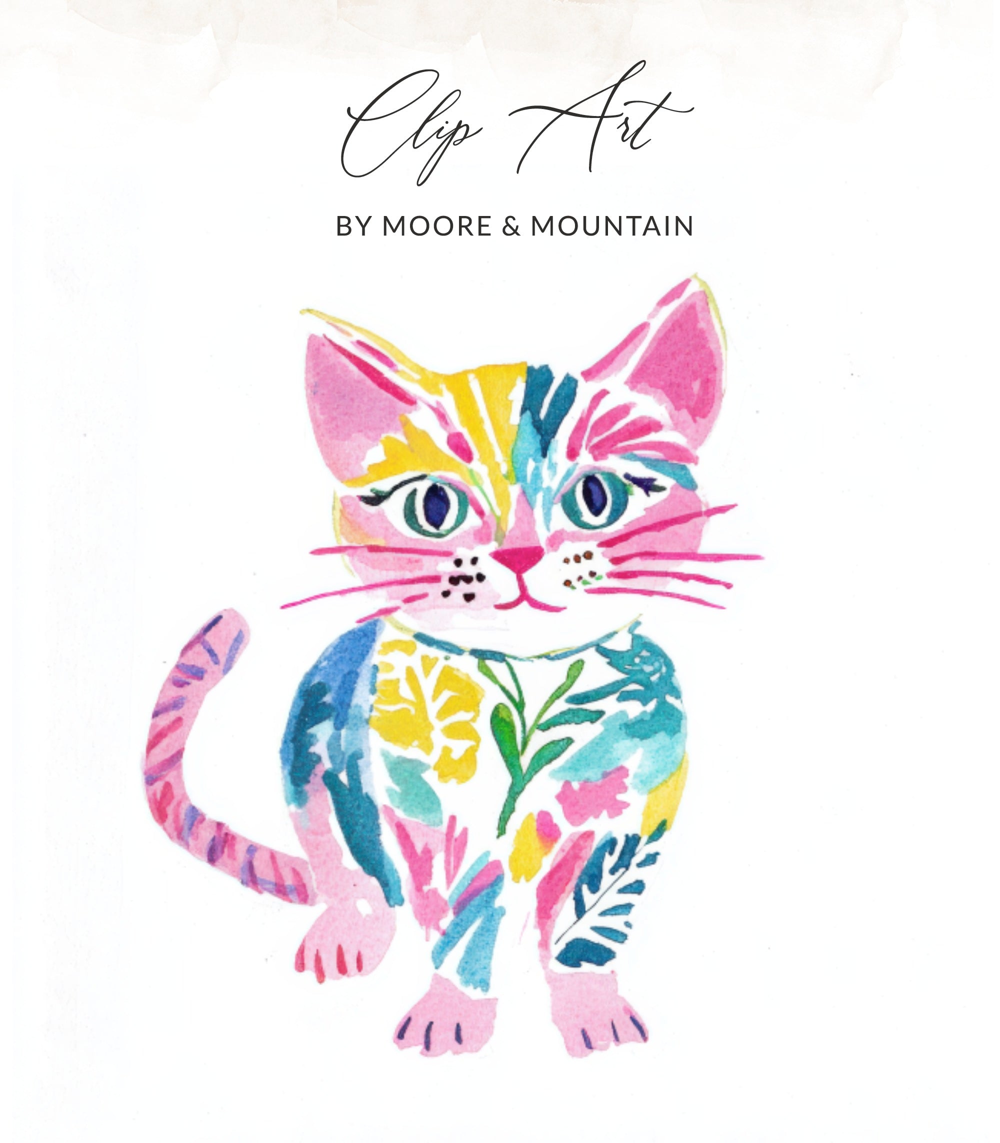 Watercolor clip art of a colorful cat with floral accents, "Clip Art" title.