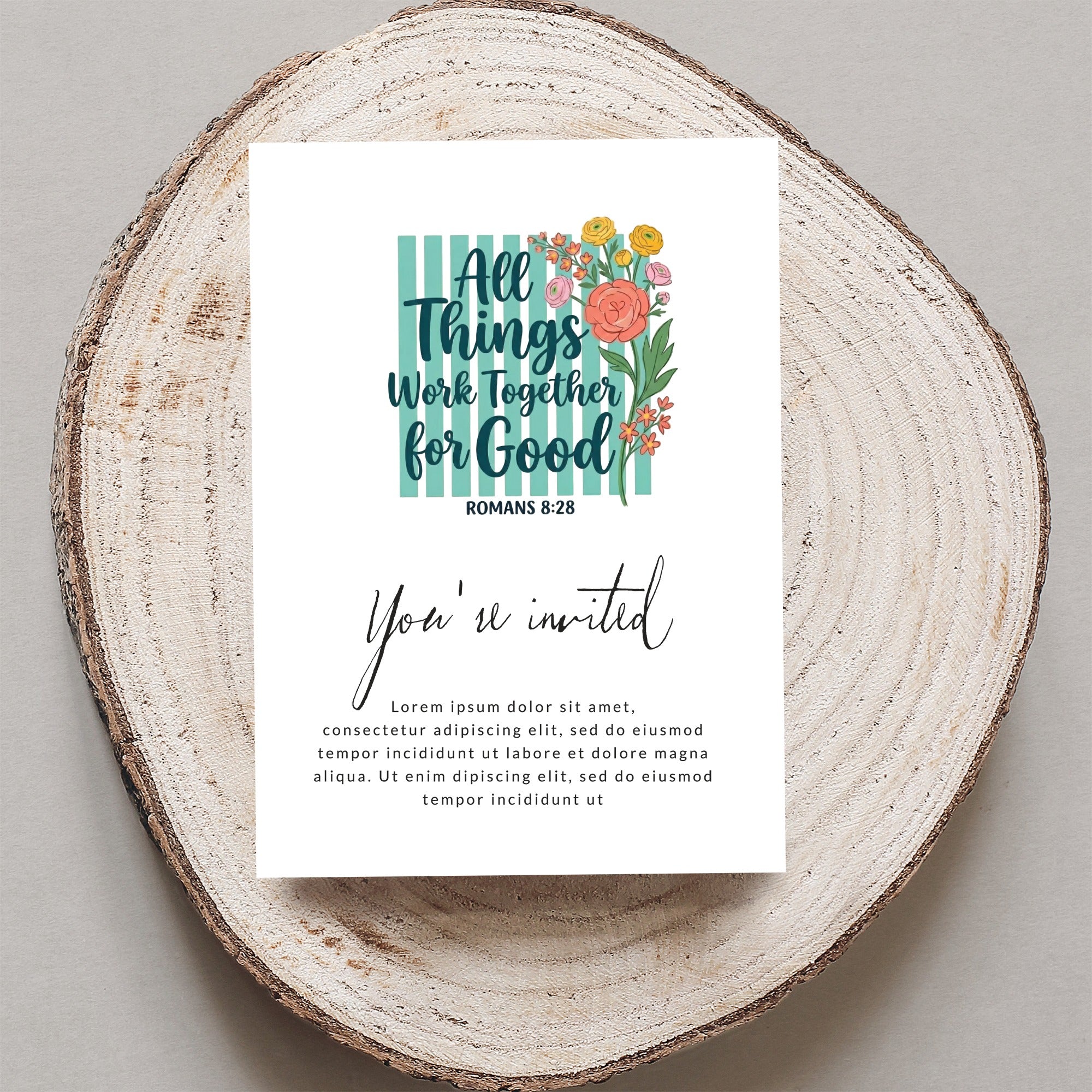Invitation with "All Things Work Together for Good" and floral design.
