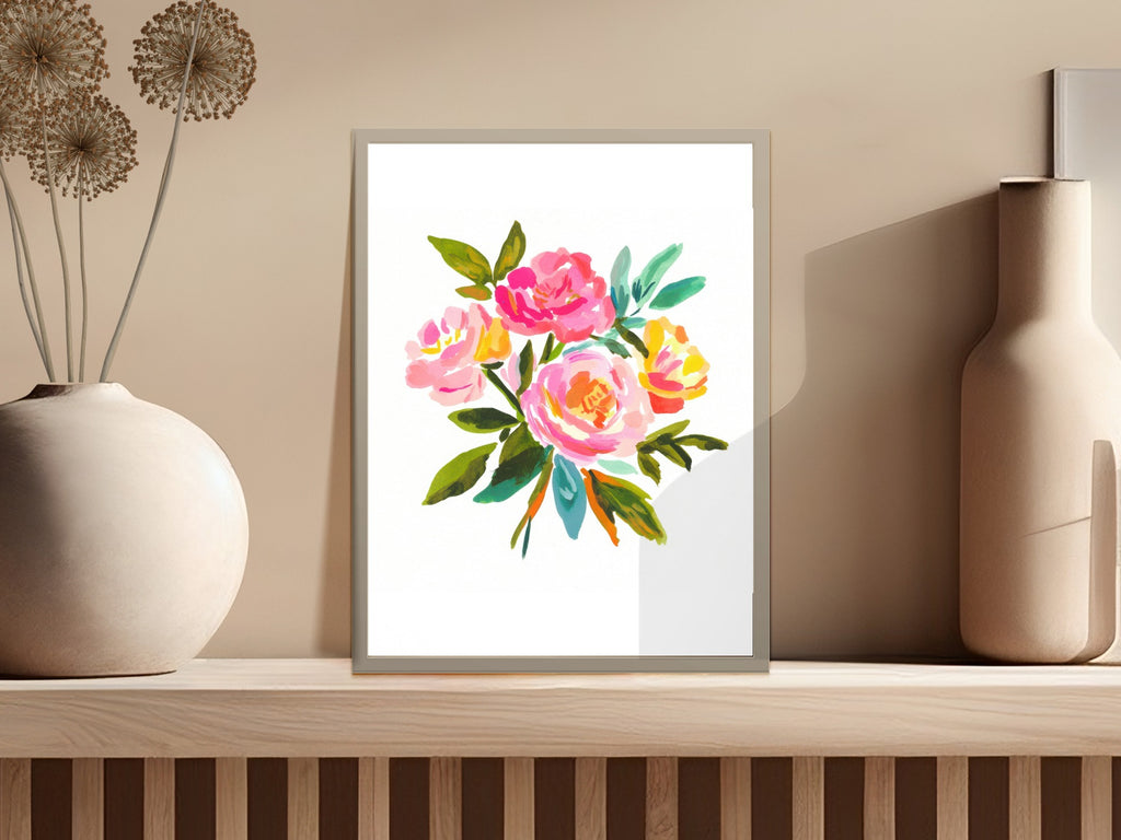Watercolor floral art print with pink, yellow, and orange flowers.