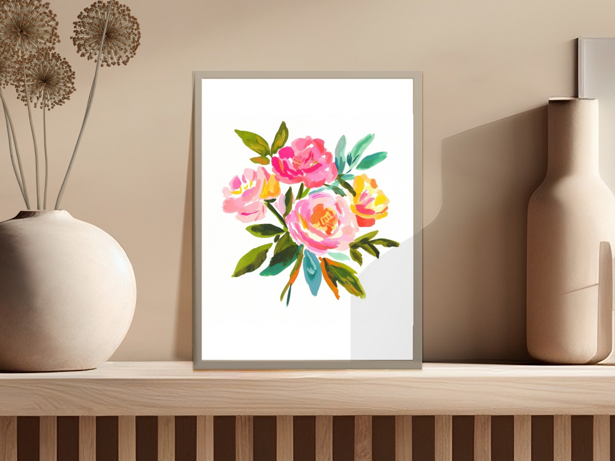 Watercolor floral art print with pink, yellow, and orange flowers.