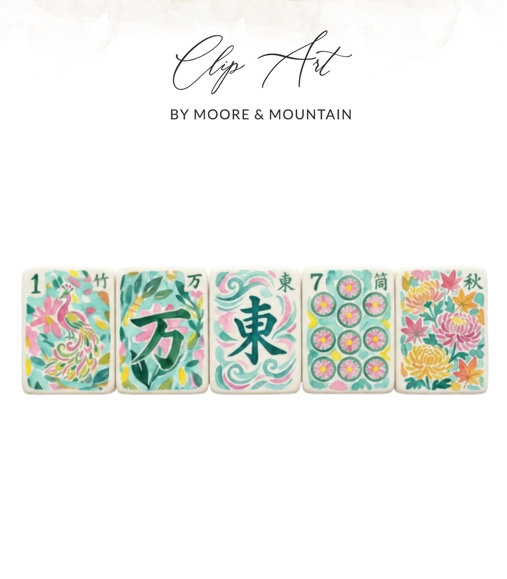 Mahjong tiles with floral and bird designs and Chinese characters.