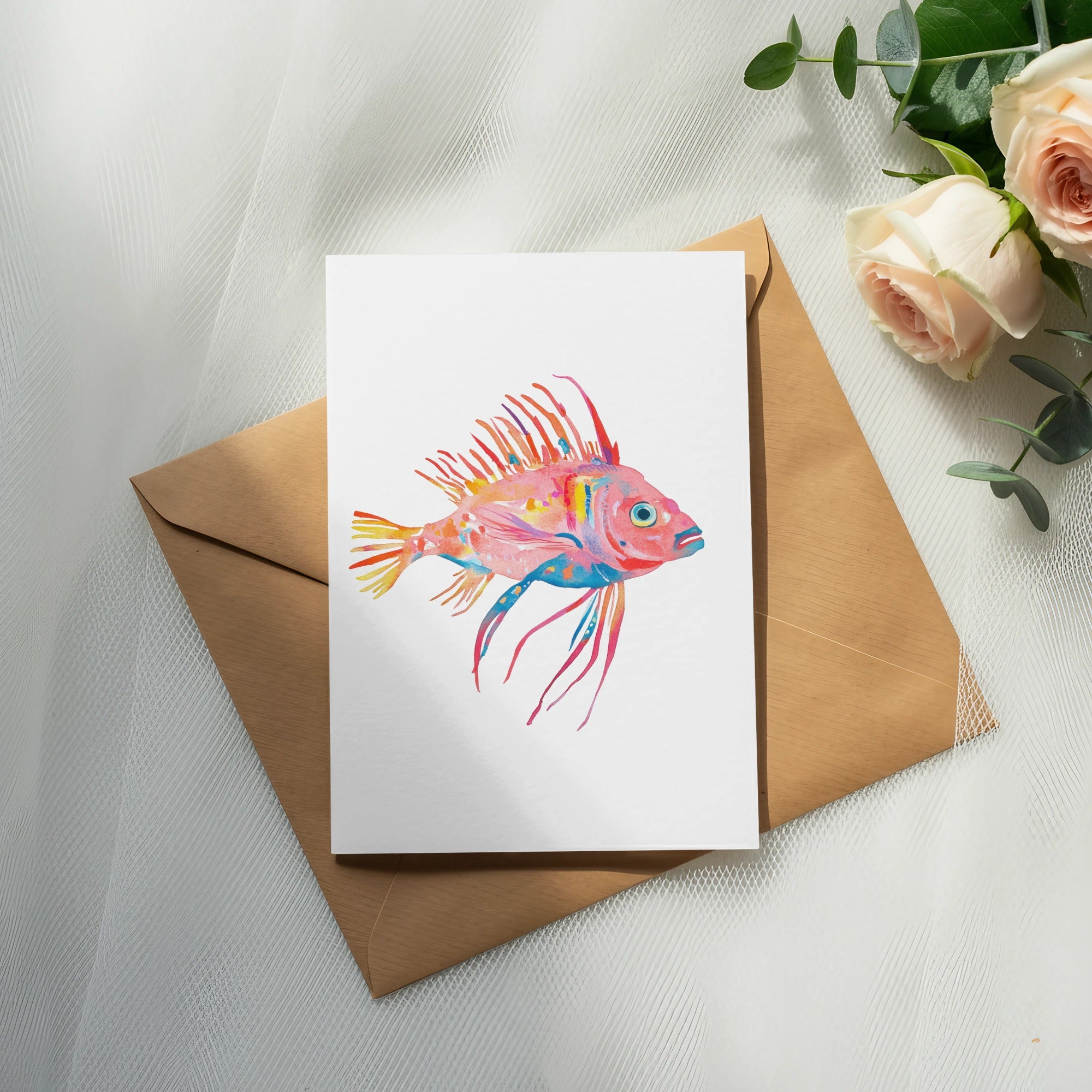 Watercolor painting of a colorful tropical fish on a card, placed on an envelope with roses.