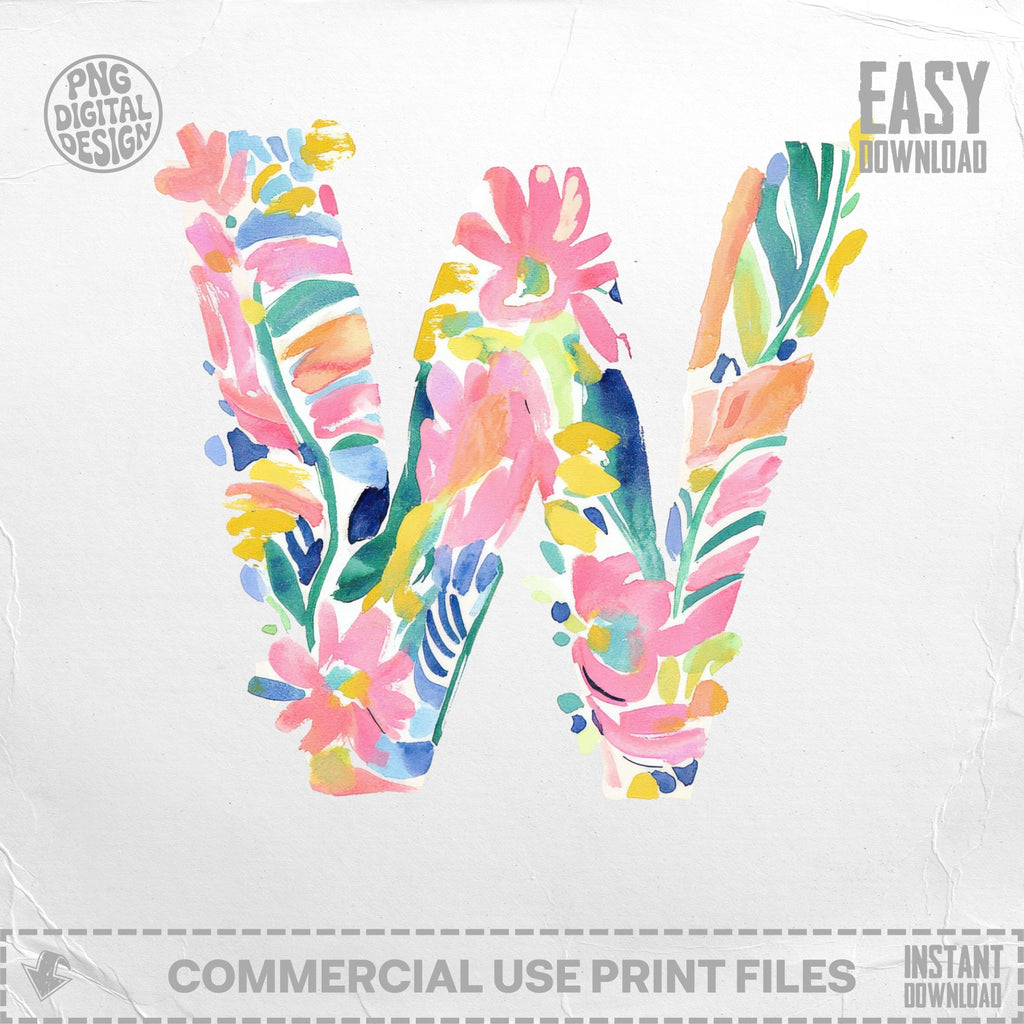 Watercolor floral letter W with "PNG DIGITAL DESIGN" and "EASY DOWNLOAD".