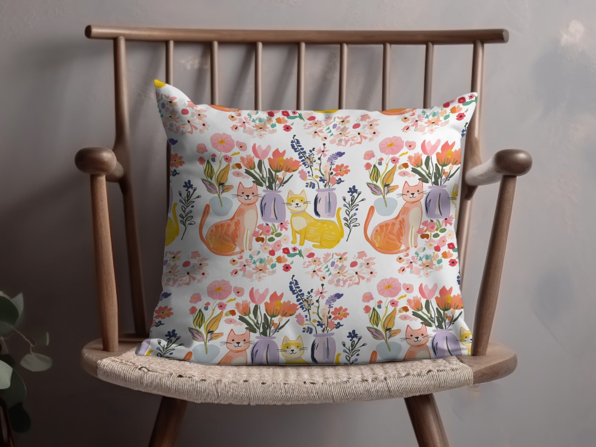 Cat and Floral Digital Paper, Seamless Pattern, Nursery Art, Watercolor Kitten, Pet Illustration, Floral Design, Spring Digital File - Moore and Mountain