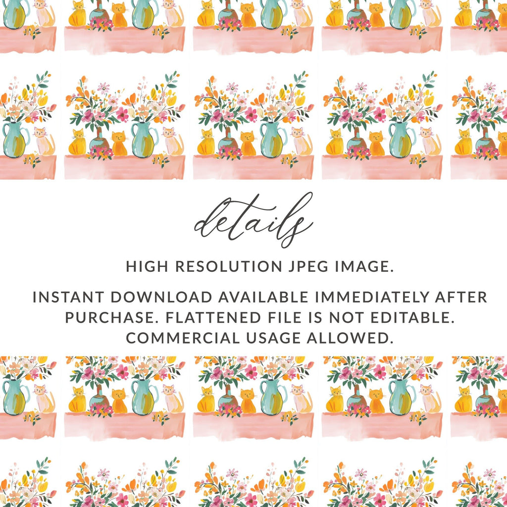 Cat and Floral Digital Paper, Seamless Pattern, Watercolor Style, Printable Fabric, Scrapbooking Paper, Kitty Design, Animal Digital - Moore and Mountain