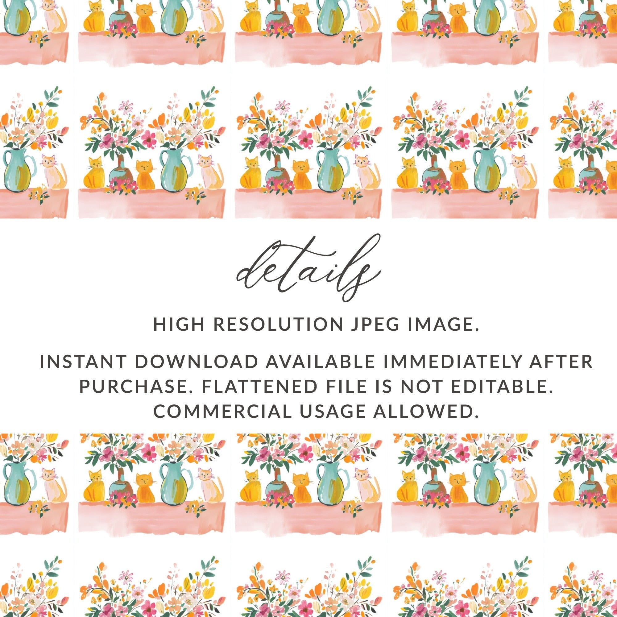 Cat and Floral Digital Paper, Seamless Pattern, Watercolor Style, Printable Fabric, Scrapbooking Paper, Kitty Design, Animal Digital - Moore and Mountain