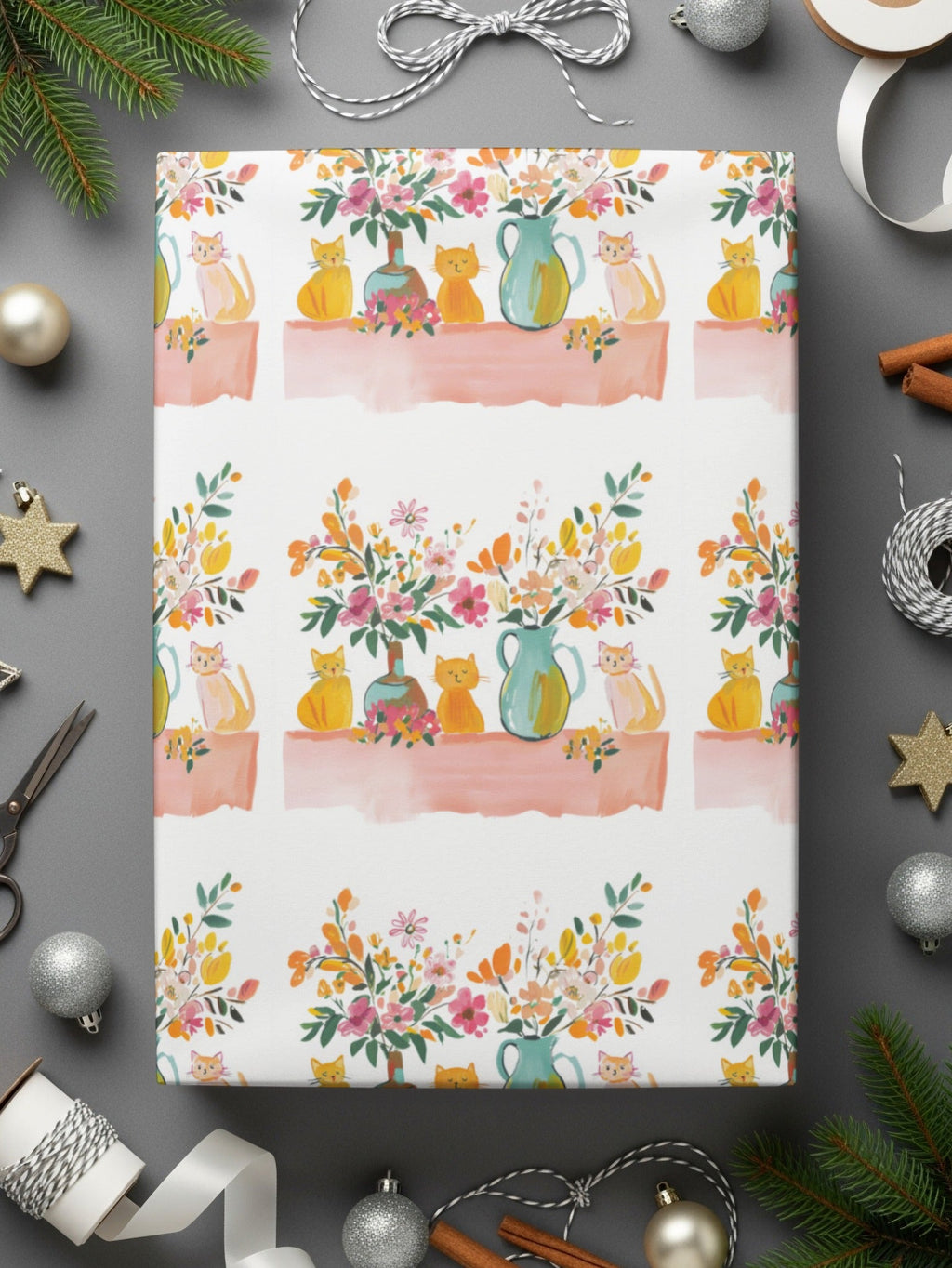 Cat and Floral Digital Paper, Seamless Pattern, Watercolor Style, Printable Fabric, Scrapbooking Paper, Kitty Design, Animal Digital - Moore and Mountain