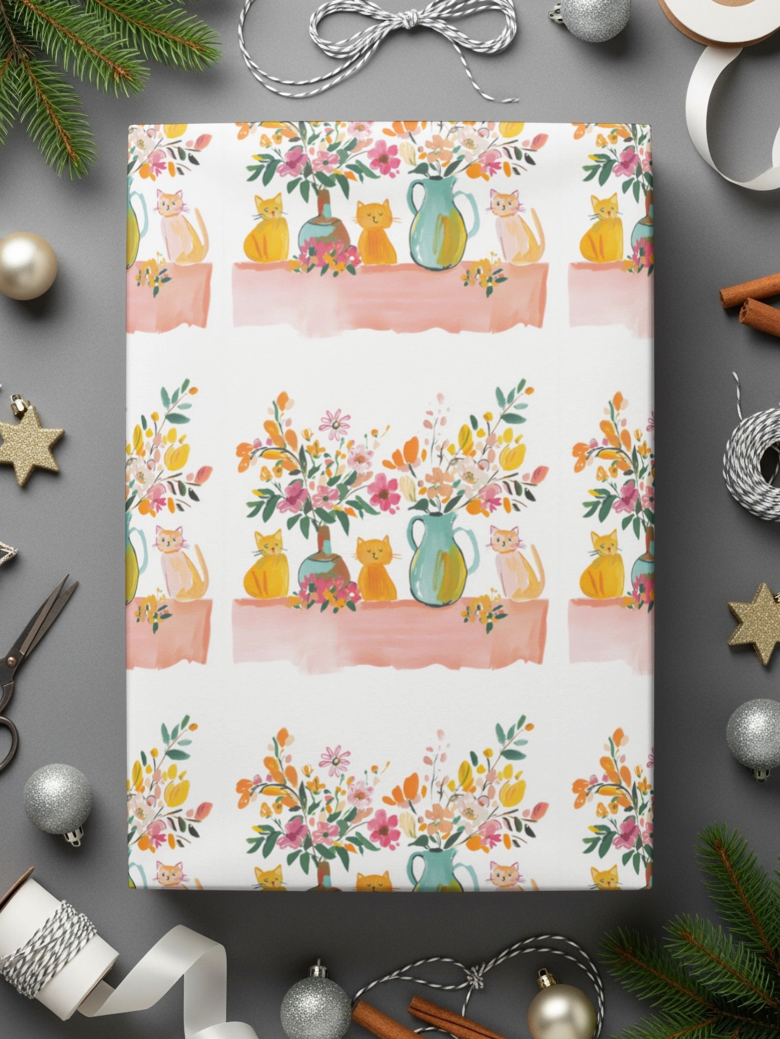 Cat and Floral Digital Paper, Seamless Pattern, Watercolor Style, Printable Fabric, Scrapbooking Paper, Kitty Design, Animal Digital - Moore and Mountain