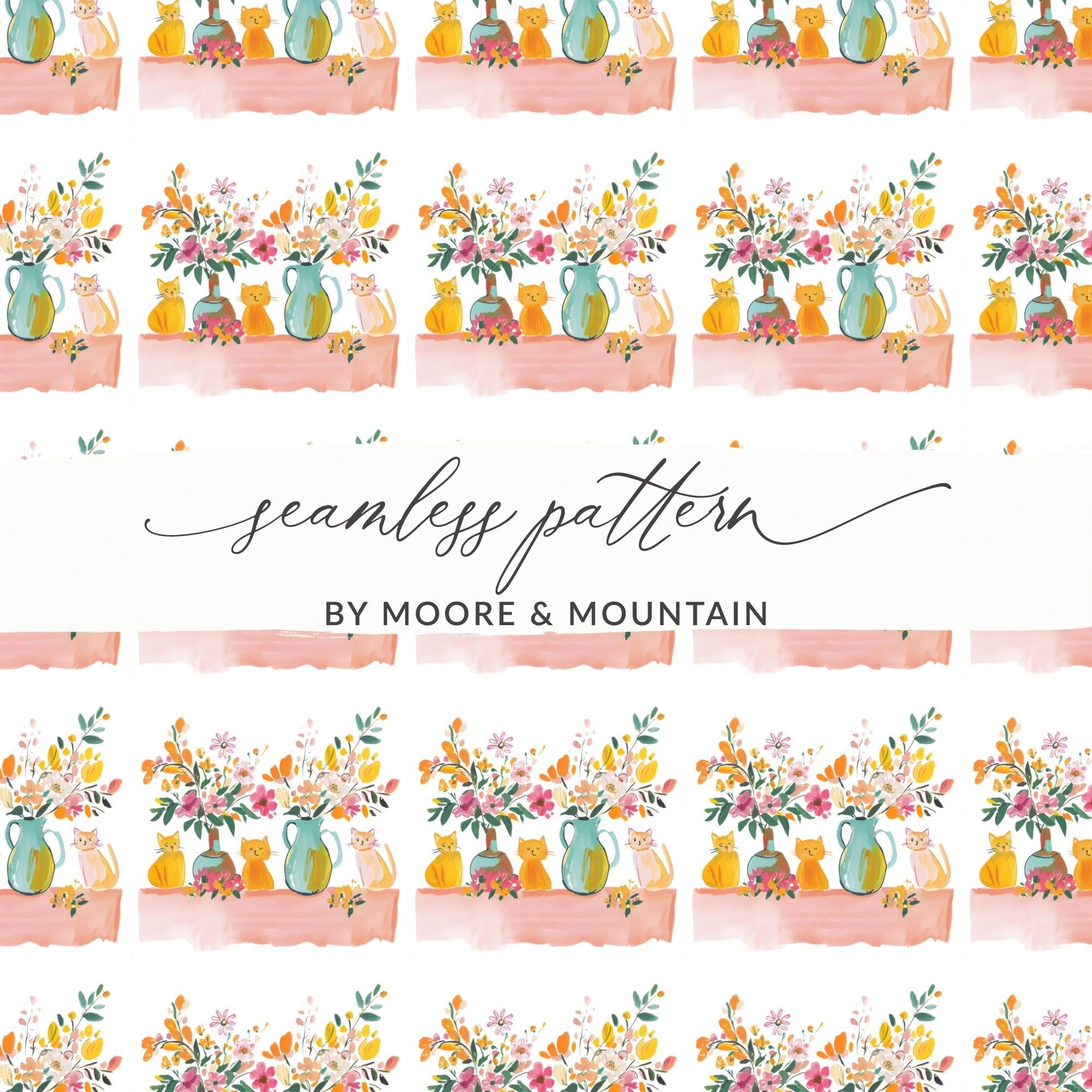 Cat and Floral Digital Paper, Seamless Pattern, Watercolor Style, Printable Fabric, Scrapbooking Paper, Kitty Design, Animal Digital - Moore and Mountain