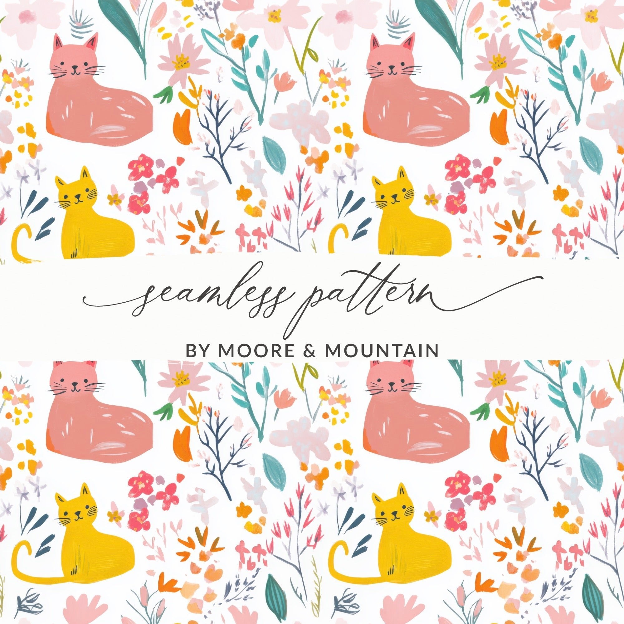 Cat and Flower Digital Seamless Pattern, Animal Floral Design, Pet Fabric, Cute Kitten Image, Download Files, Printable Design, Crafts - Moore and Mountain