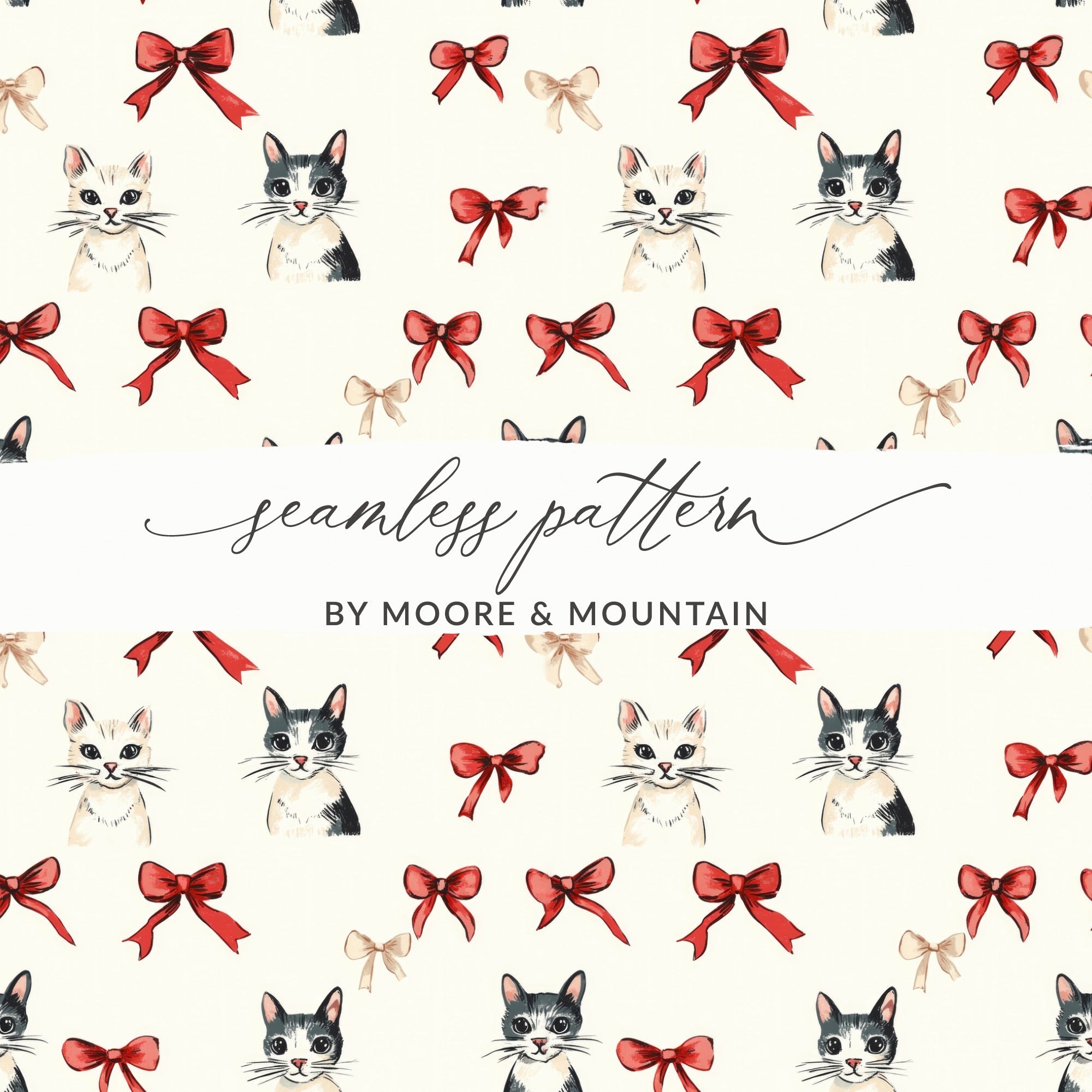 Cat Bow Seamless Pattern, Digital Fabric, Scrapbook Paper, Cute Kitten, Christmas Bows, Digital Download, Commercial Use, Craft Supply - Moore and Mountain