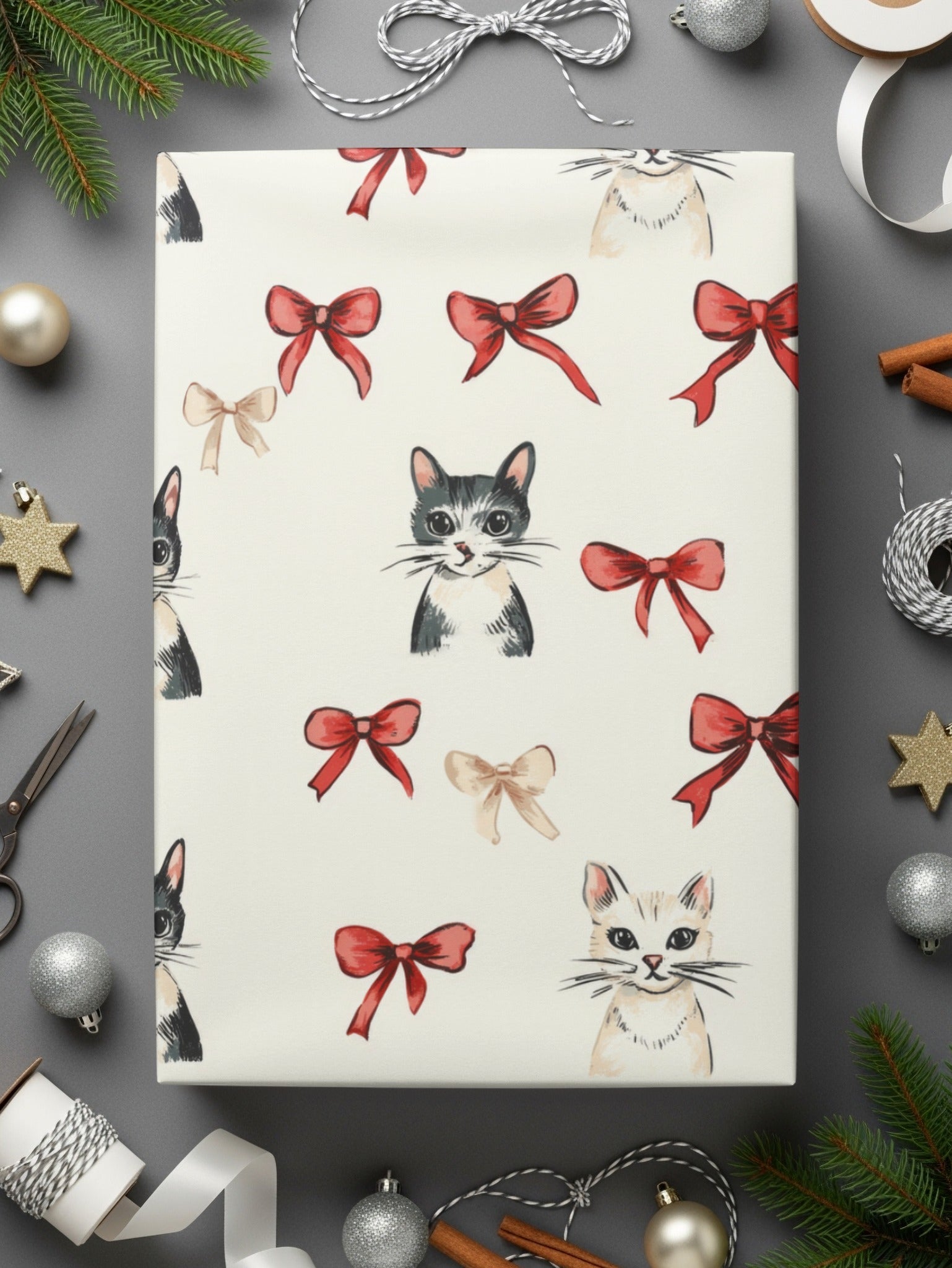 Cat Bow Seamless Pattern, Digital Fabric, Scrapbook Paper, Cute Kitten, Christmas Bows, Digital Download, Commercial Use, Craft Supply - Moore and Mountain