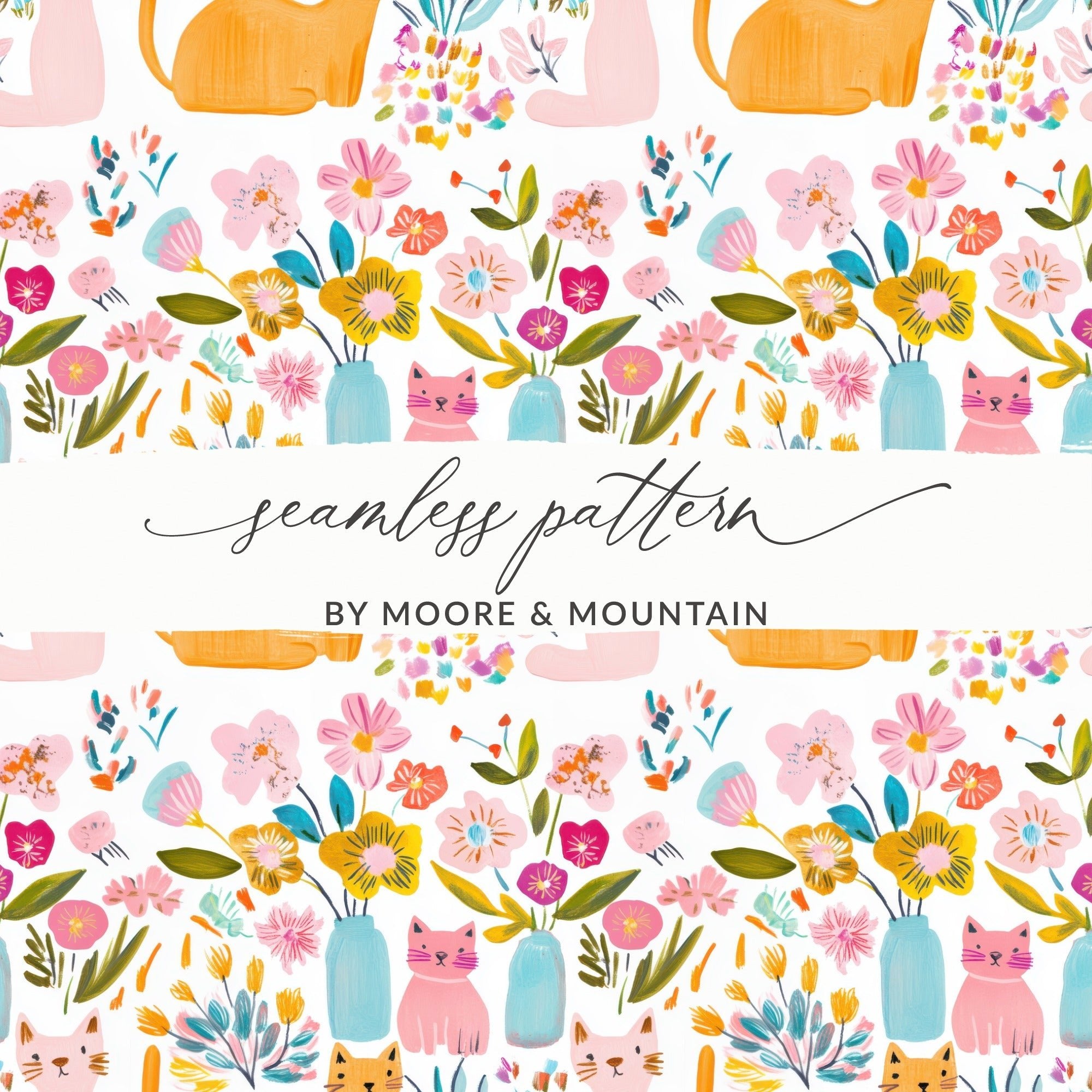 Cat Flower Digital Paper, Seamless Pattern, Floral Cat Fabric Design, Cute Cats, Digital Background, Scrapbooking Paper, JPEG Files - Moore and Mountain