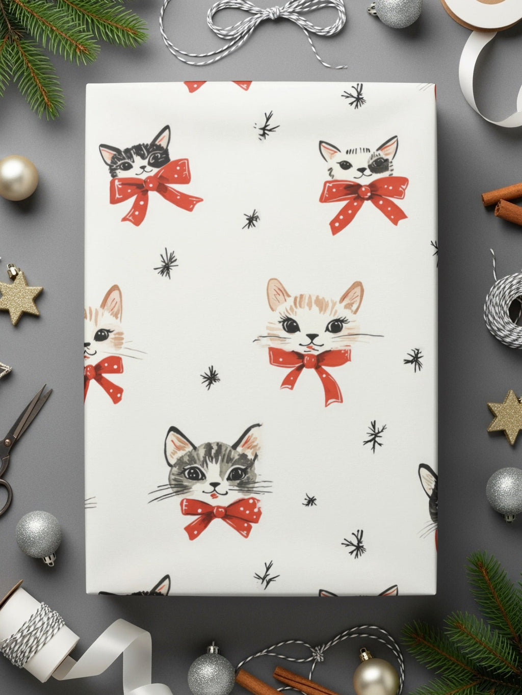 Cat Seamless Pattern Digital, Cute Kitten with Red Bows, Repeat Pattern, Digital Paper Download for Fabric, Scrapbooking 12x12 JPEG - Moore and Mountain