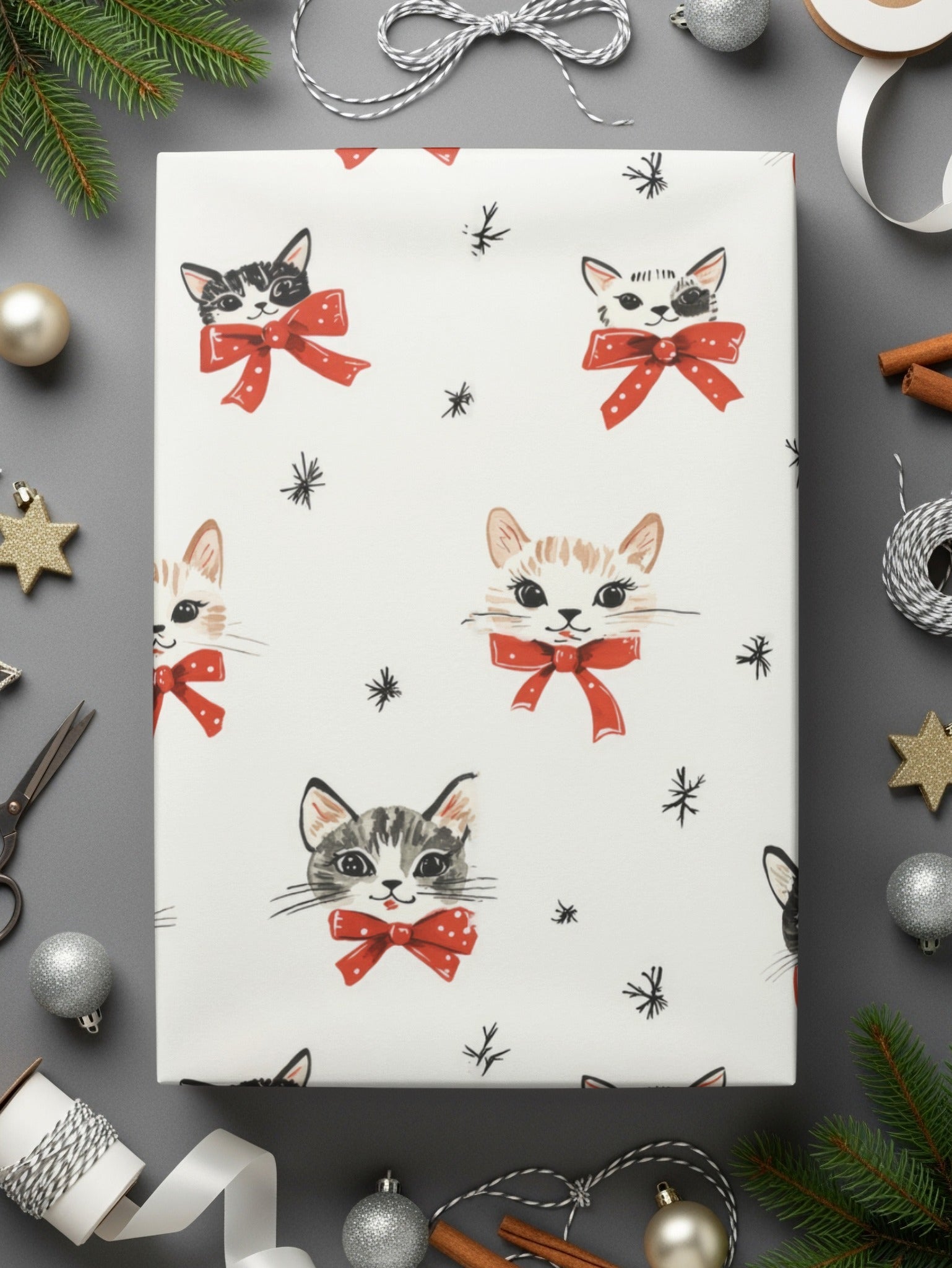 Cat Seamless Pattern Digital, Cute Kitten with Red Bows, Repeat Pattern, Digital Paper Download for Fabric, Scrapbooking 12x12 JPEG - Moore and Mountain