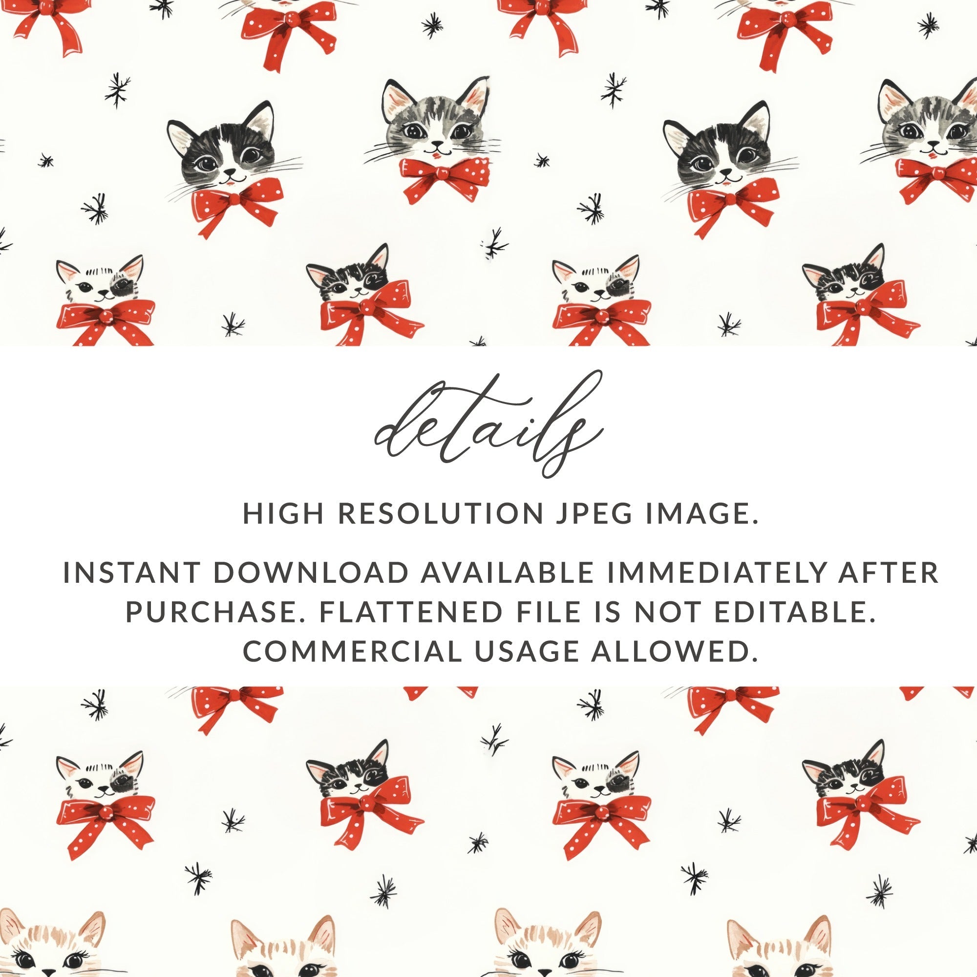 Cat Seamless Pattern Digital, Cute Kitten with Red Bows, Repeat Pattern, Digital Paper Download for Fabric, Scrapbooking 12x12 JPEG - Moore and Mountain
