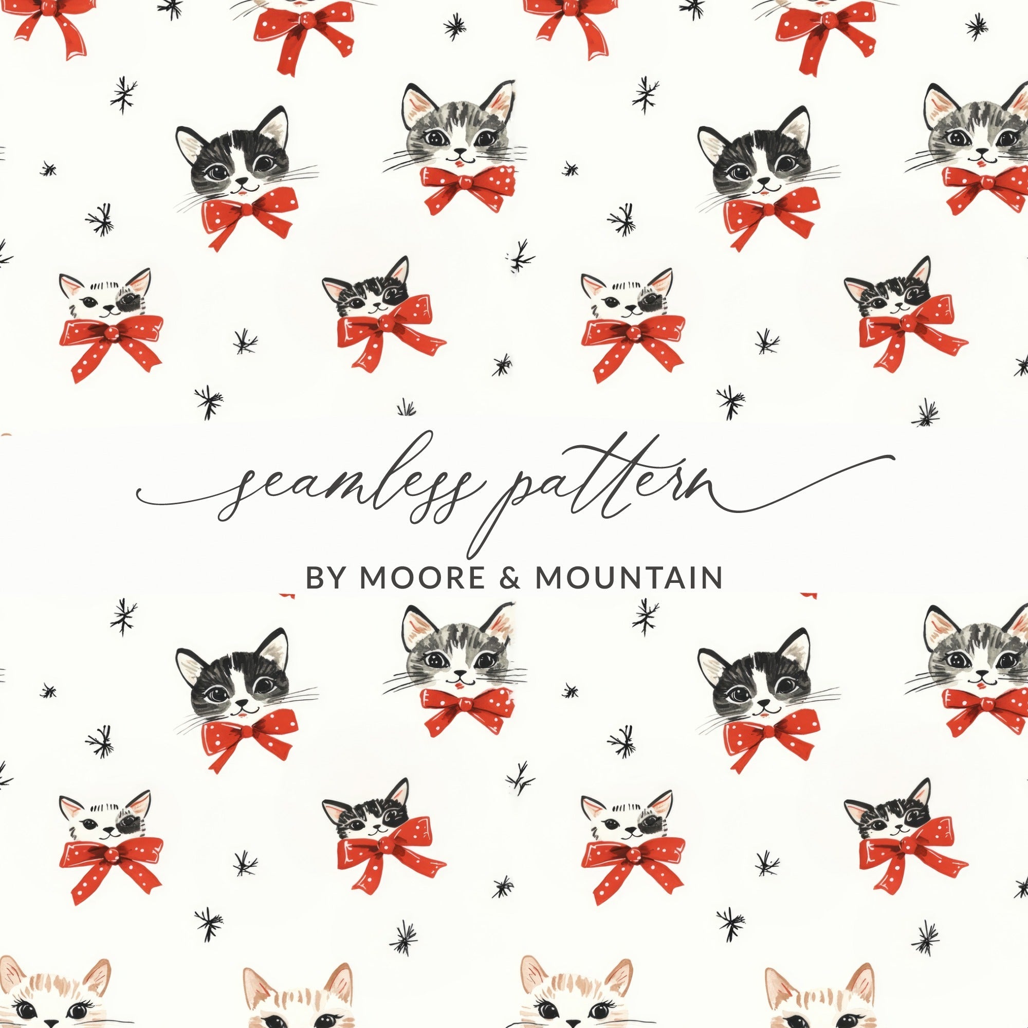 Cat Seamless Pattern Digital, Cute Kitten with Red Bows, Repeat Pattern, Digital Paper Download for Fabric, Scrapbooking 12x12 JPEG - Moore and Mountain