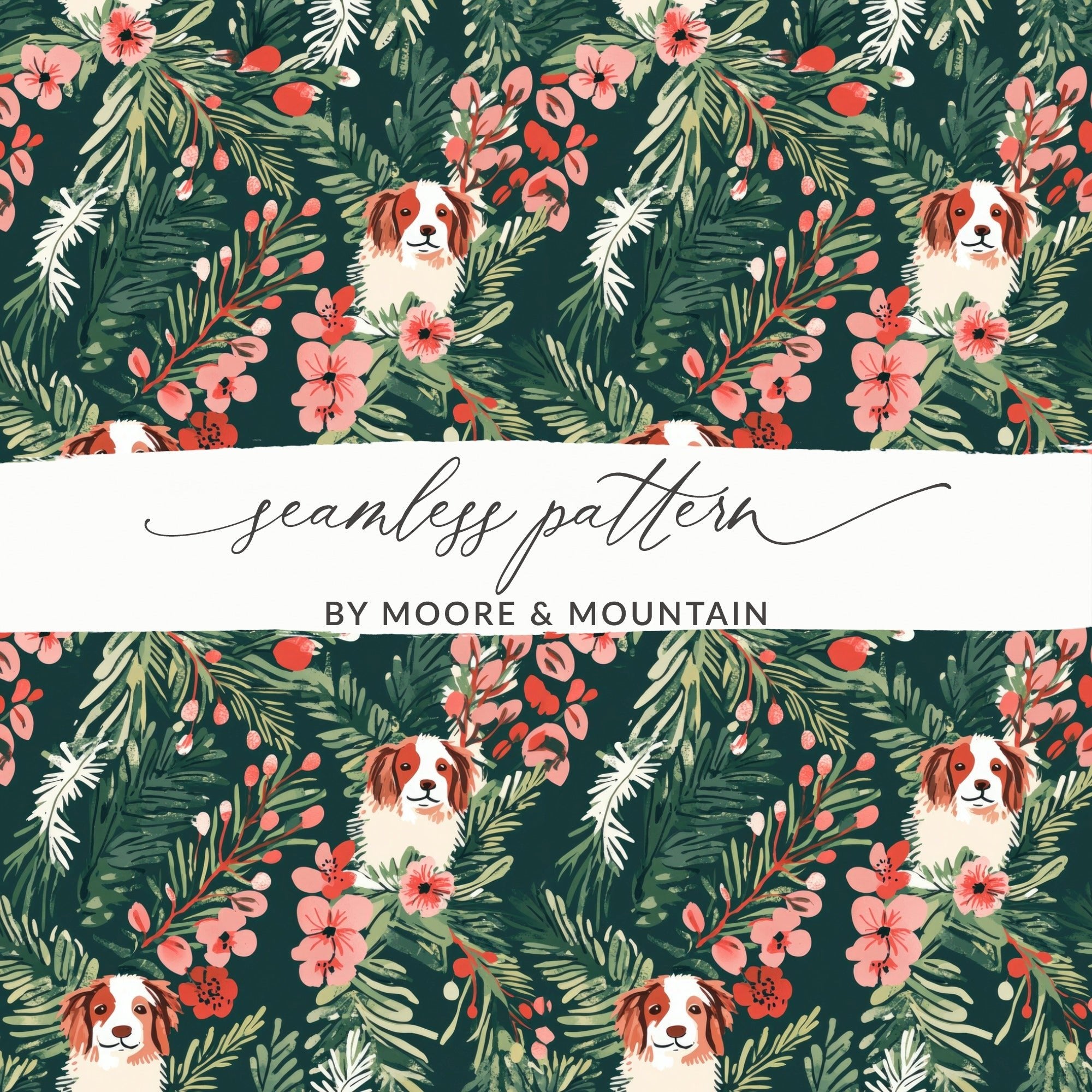 Cavalier Dog Digital Paper, Floral Seamless Pattern, Christmas Design, Pet Fabric Design, Dog Lover Gift, Repeating Pattern, 12x12 JPEG - Moore and Mountain