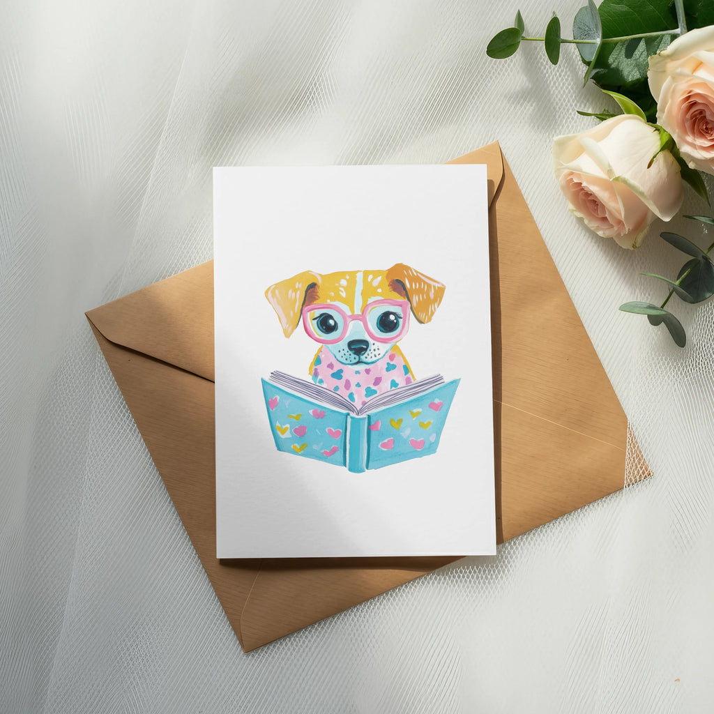 Dog wearing glasses reads a book with hearts.