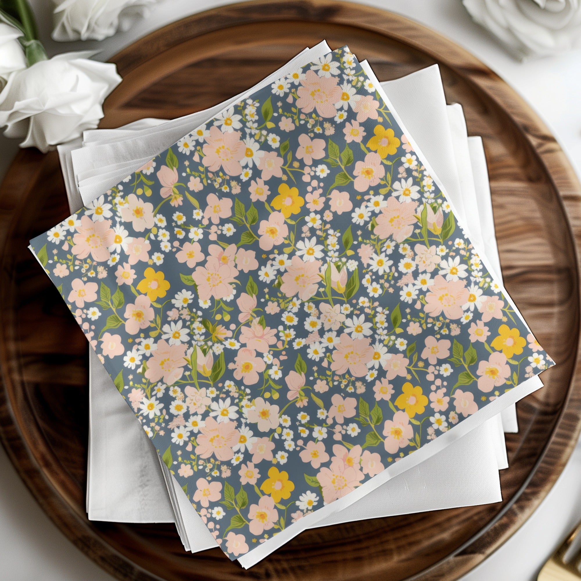 Floral Patterned Napkins with Yellow and Pink Blossoms