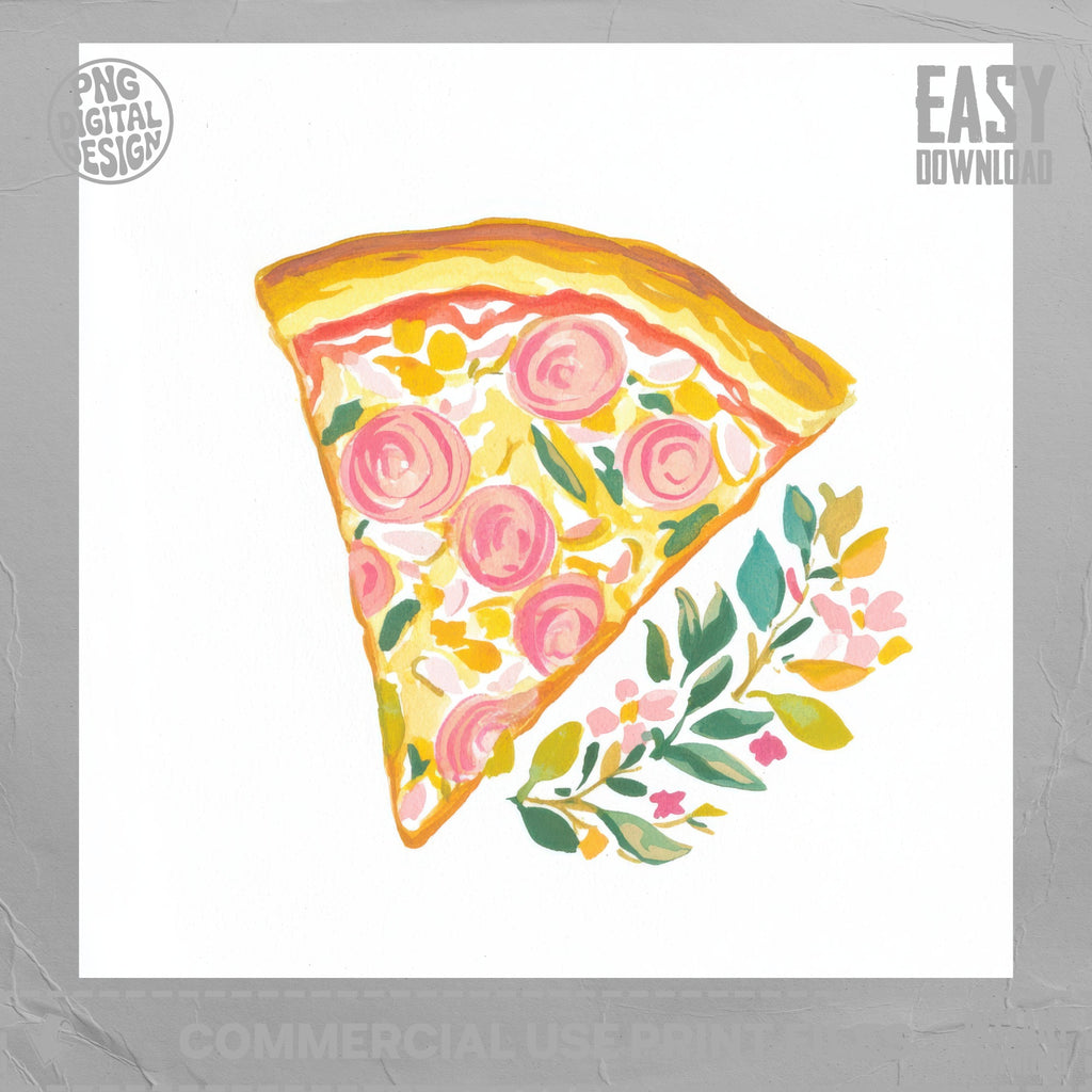 Slice of pizza with pink toppings and floral garnish, easy download.