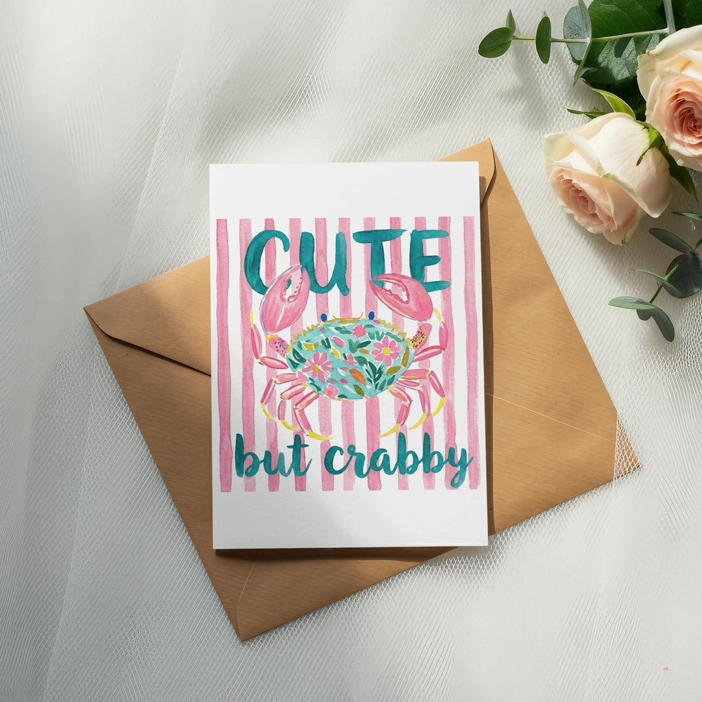 Watercolor card with crab and text "CUTE but crabby".